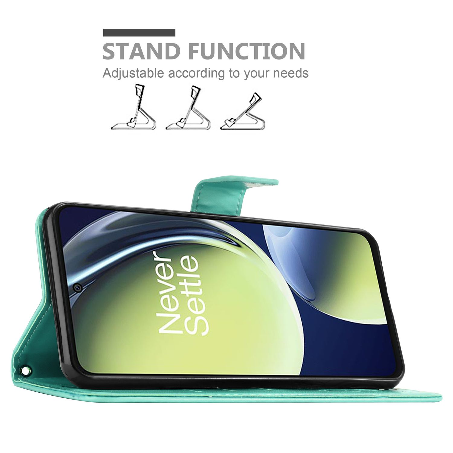 Telefono in custodia turchese, appoggiato. Lo schermo mostra una sfumatura blu-verde. Testo: Funzione supporto.
