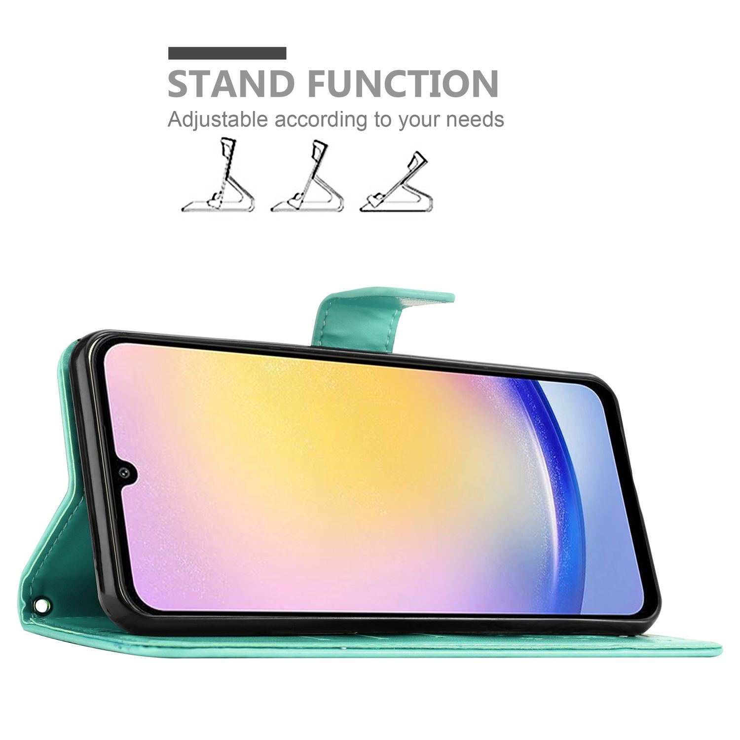 Custodia per telefono turchese con funzione stand, con un telefono dentro.