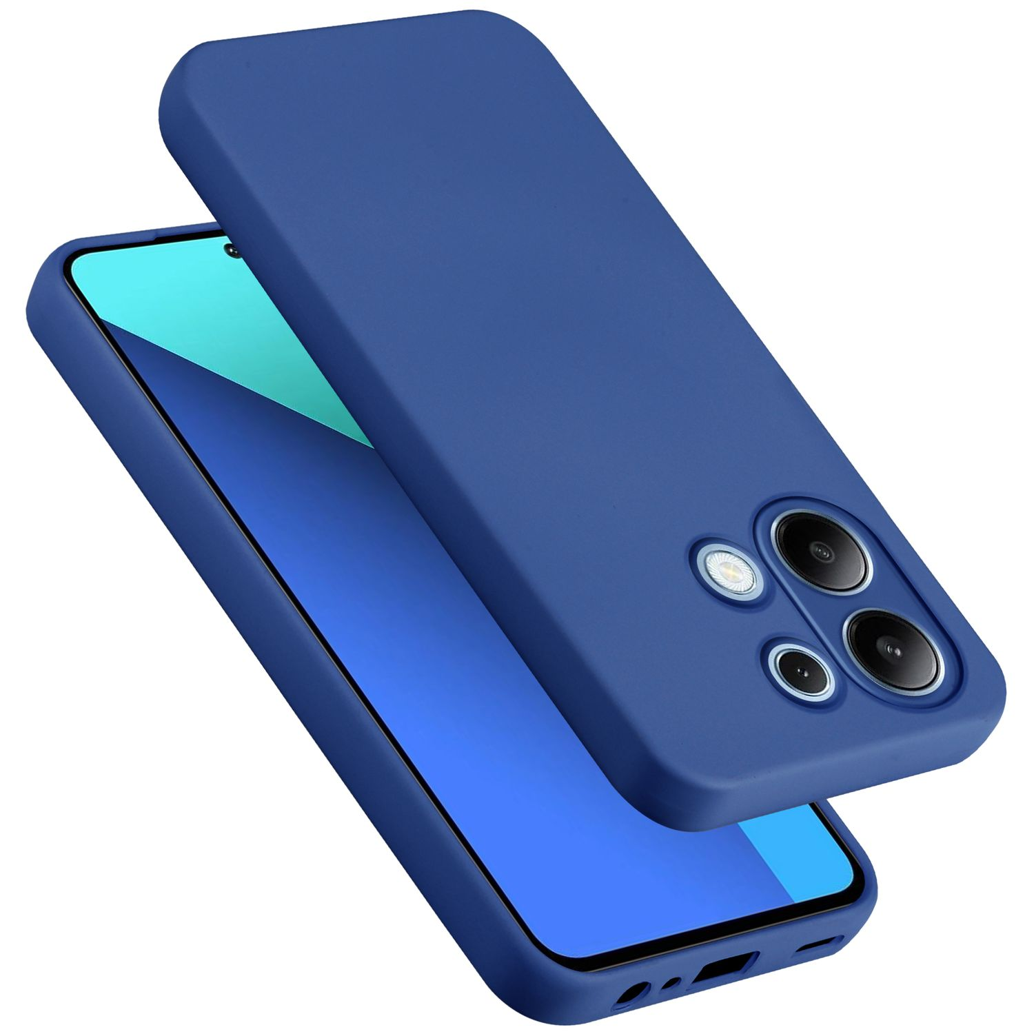 Custodia blu per telefono con telefono all'interno. Schermo visibile. La custodia copre il telefono.