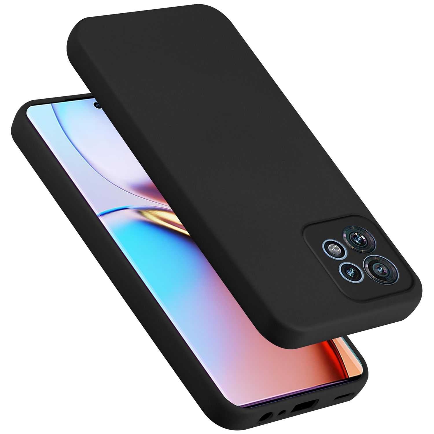 Una custodia nera per telefono con un telefono all'interno e la parte della fotocamera visibile.