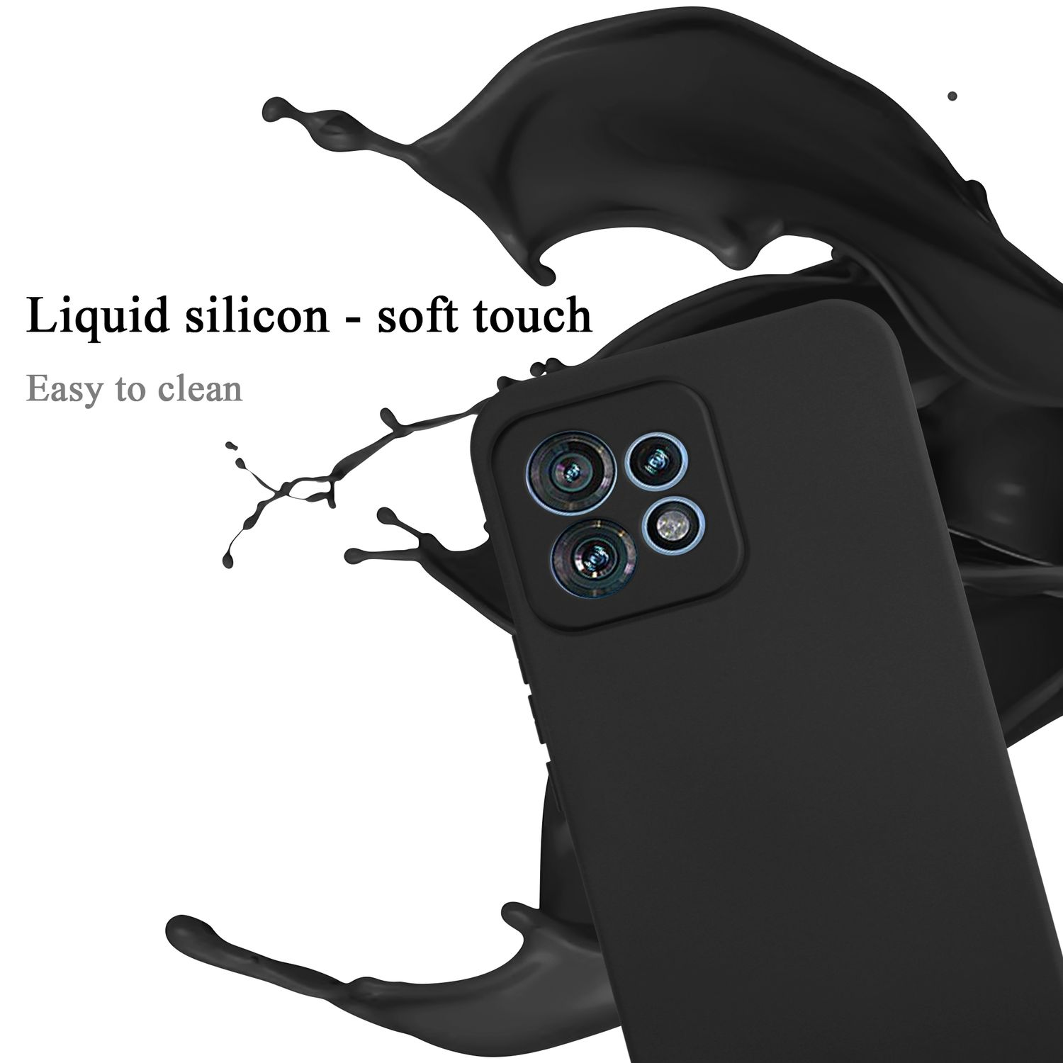 Una custodia per telefono nera con uno schizzo nero intorno alle lenti della fotocamera.
