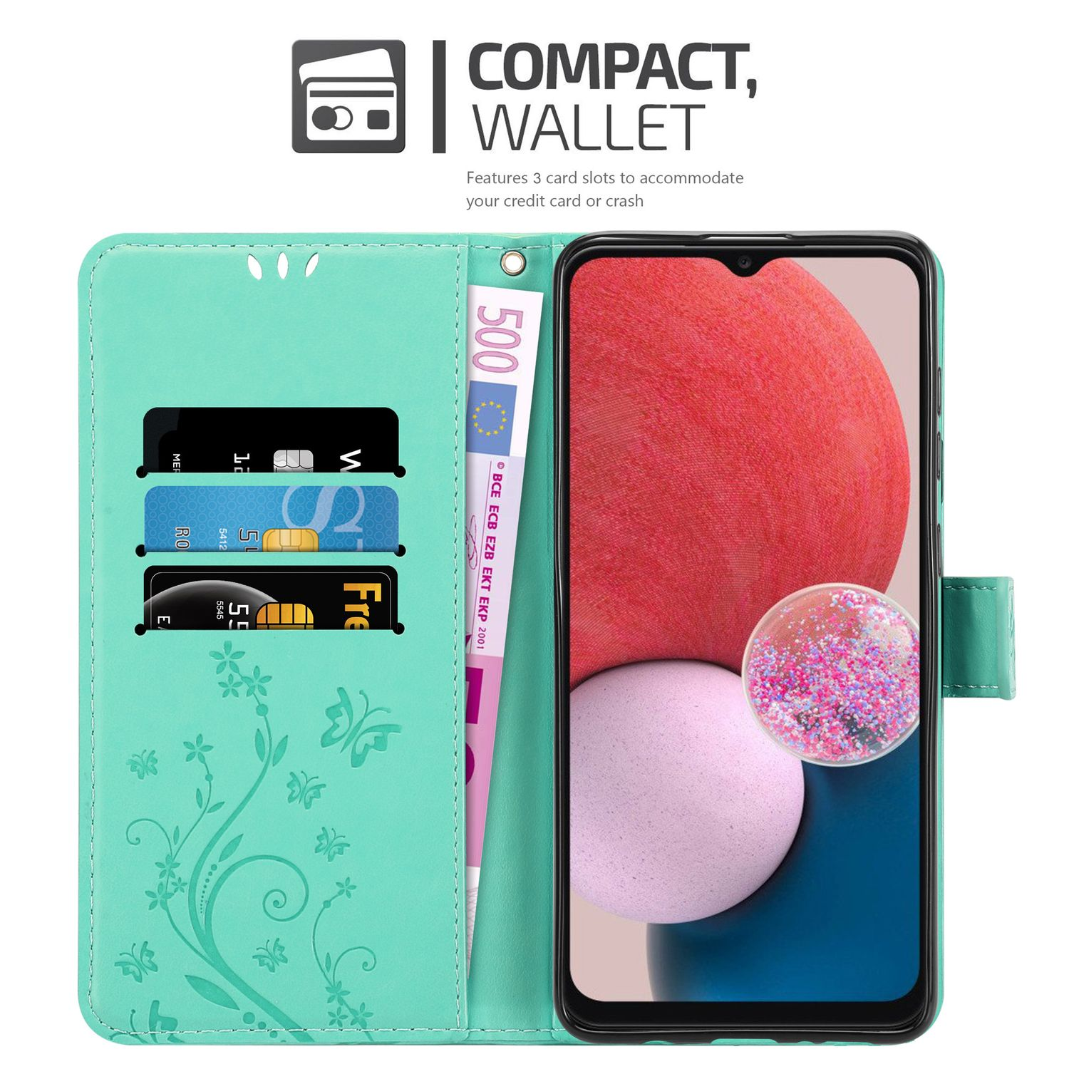 Una custodia per telefono con slot per carte e un telefono con schermo colorato. Custodia verde con design floreale.