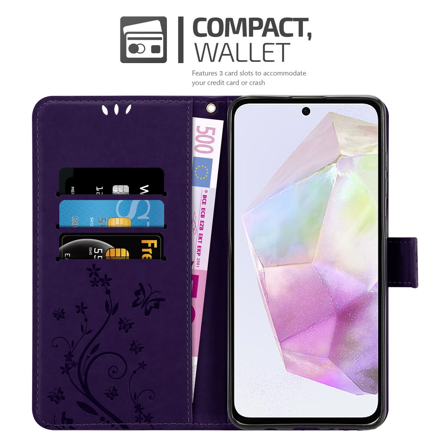 Custodia a portafoglio viola con carte, denaro e telefono all'interno. Testo: Compatto, Portafoglio. 3 slot.