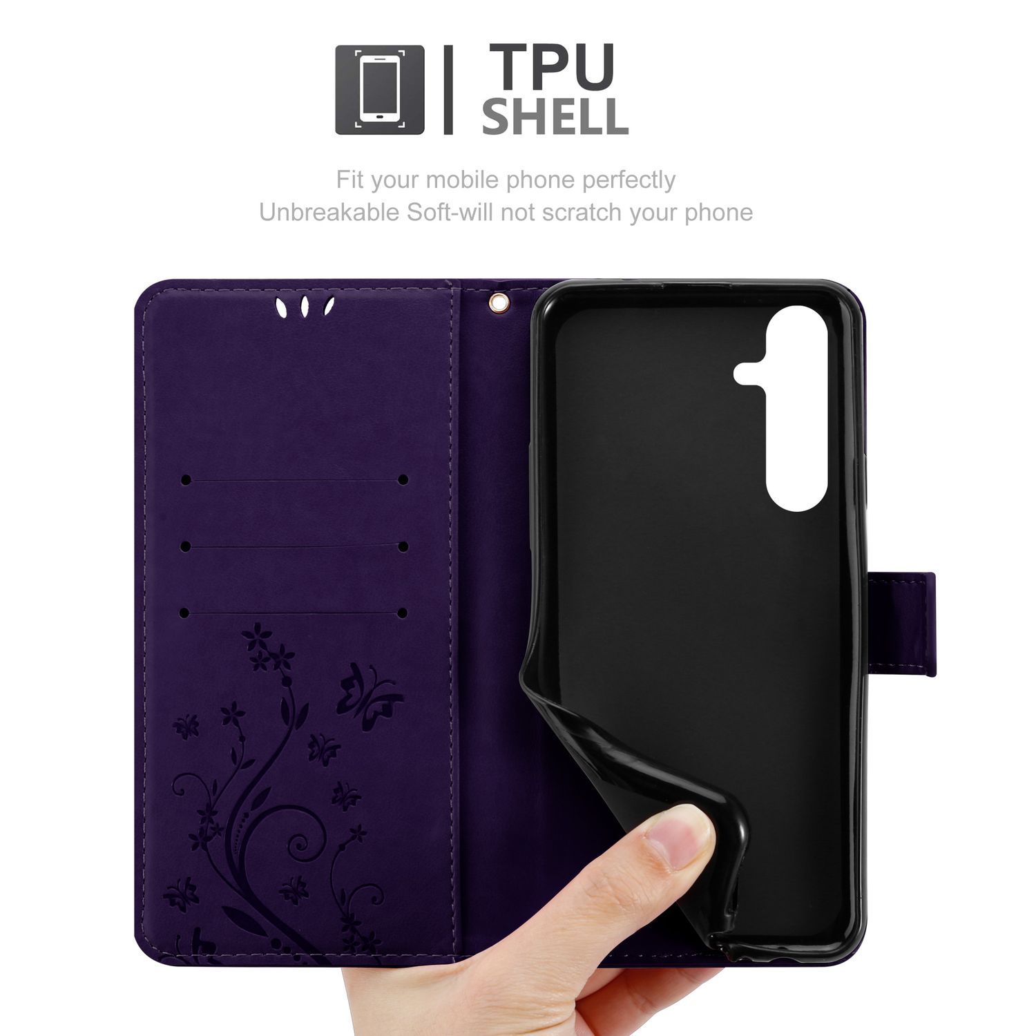 Una custodia viola per telefono con design floreale, aperta, con un telefono nero. La custodia è in TPU.