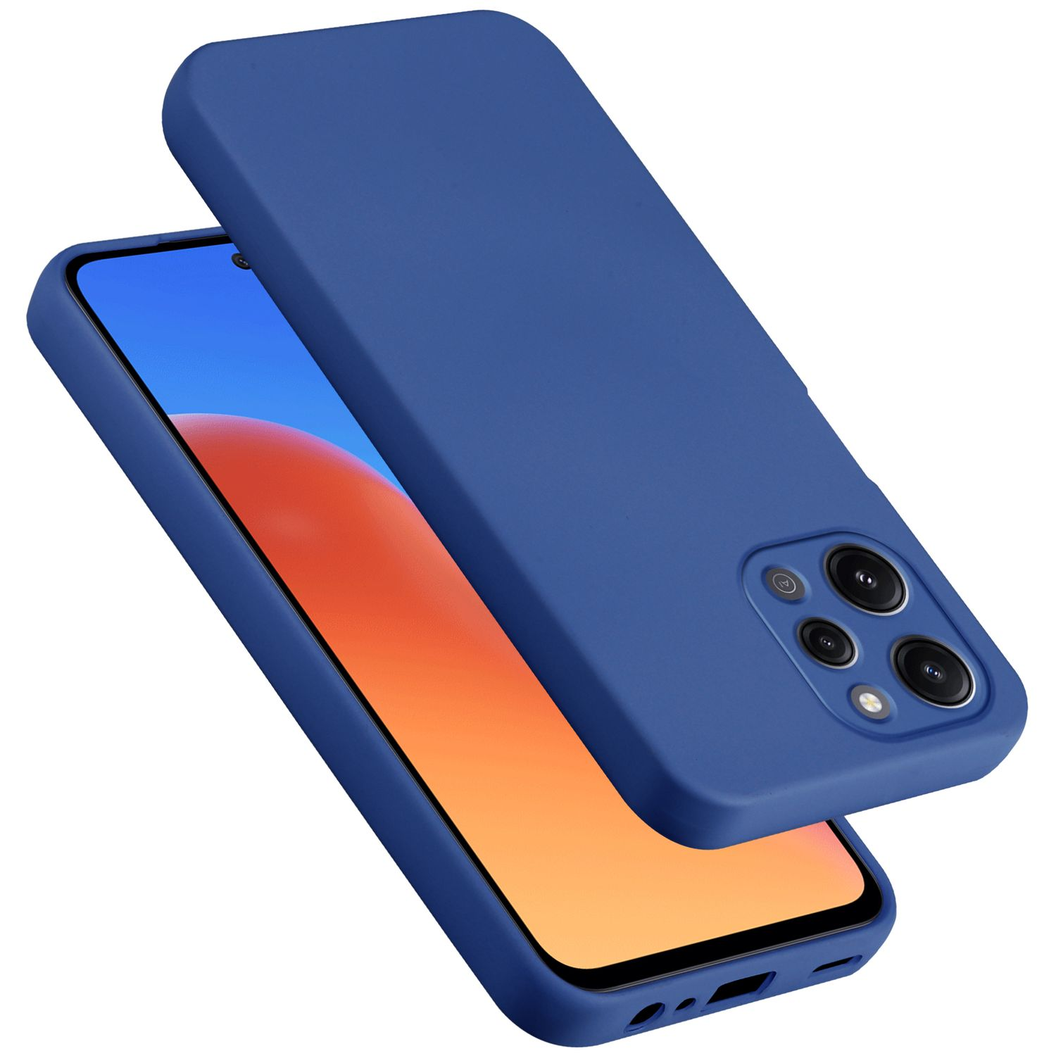 Custodia per telefono blu, telefono parzialmente visibile, colore blu.