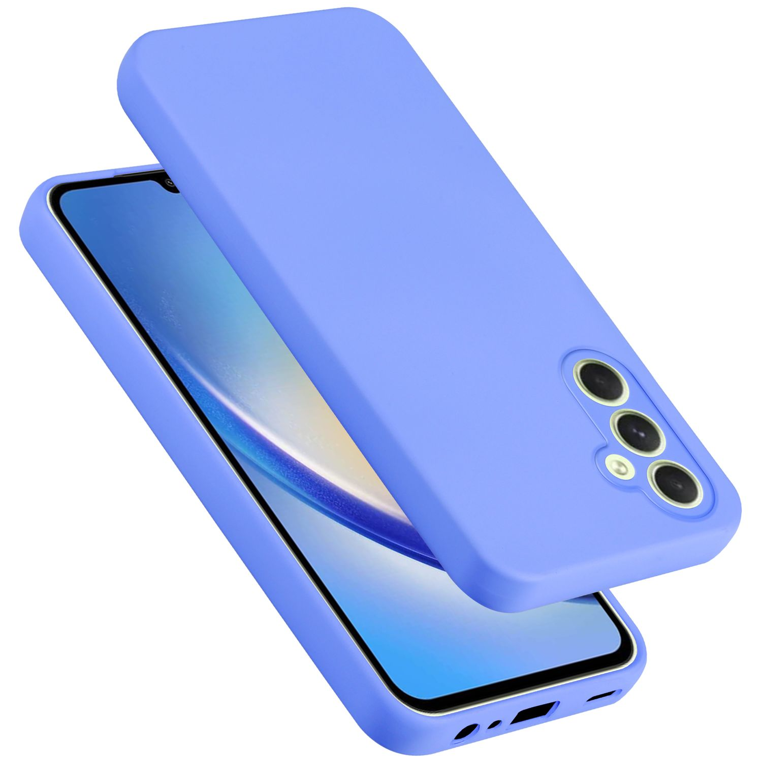 Lila Telefon in einer lila Hülle. Die Hülle bedeckt die Rückseite und die Seiten des Telefons.