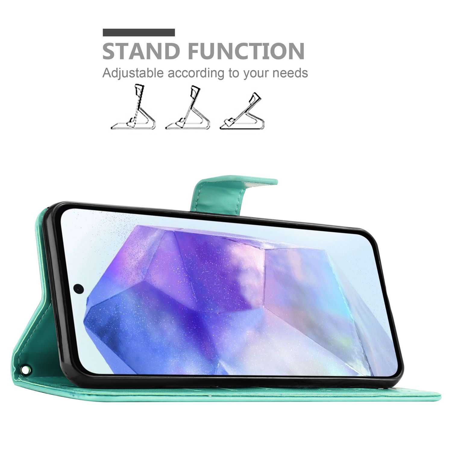 Custodia-portafoglio per telefono verde acqua aperta. Il telefono visualizza un'interfaccia. La custodia del telefono ha una funzione di supporto.