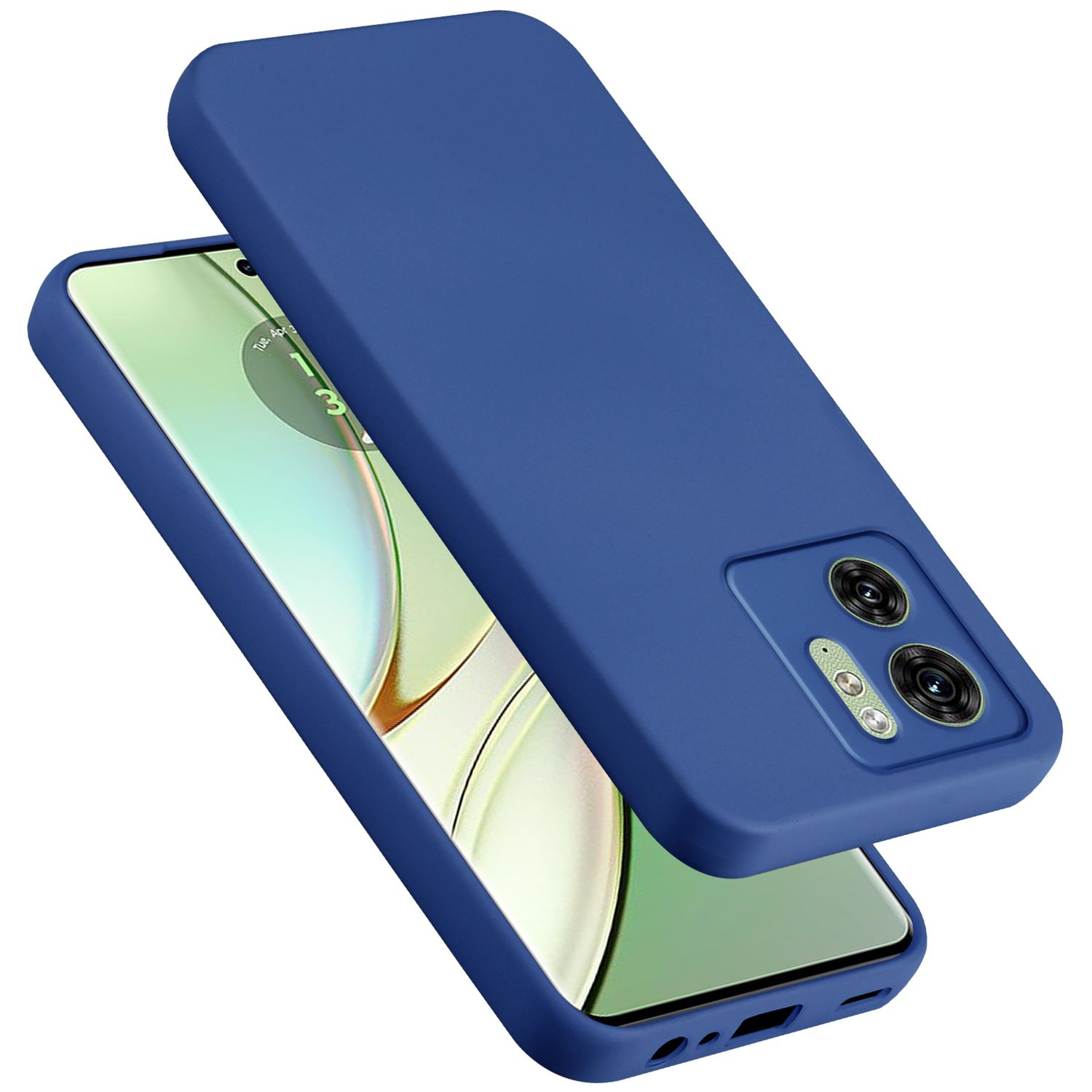 Custodia blu e telefono con schermo. Sfondo bianco.