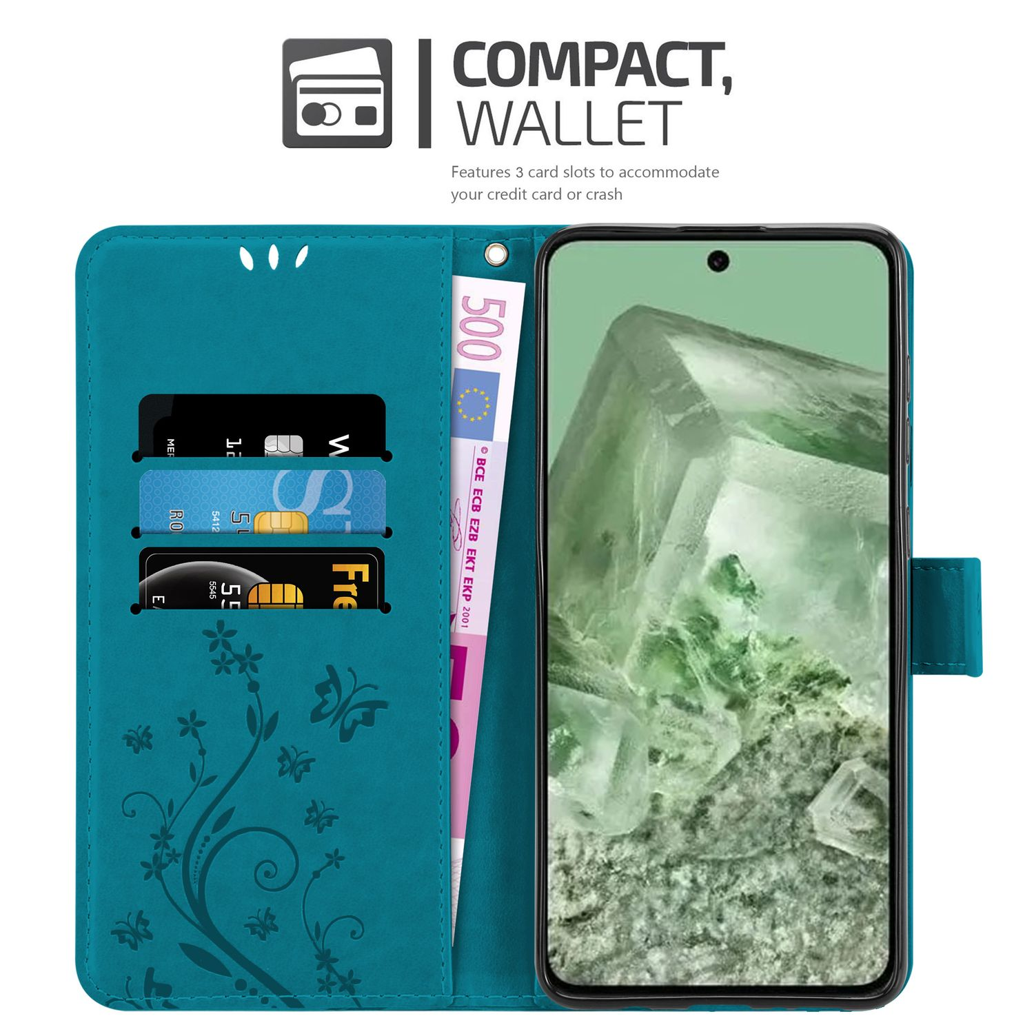 Custodia a portafoglio verde acqua con scomparti per carte e un telefono. È visibile una banconota da 500 euro. Sfondo bianco.