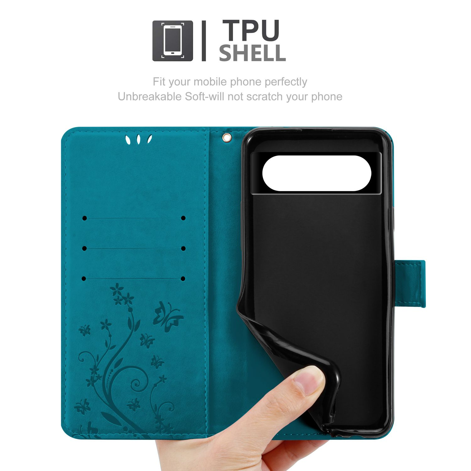 Custodia per telefono verde acqua aperta, che rivela un telefono nero. Con design floreale e una mano che la tiene.