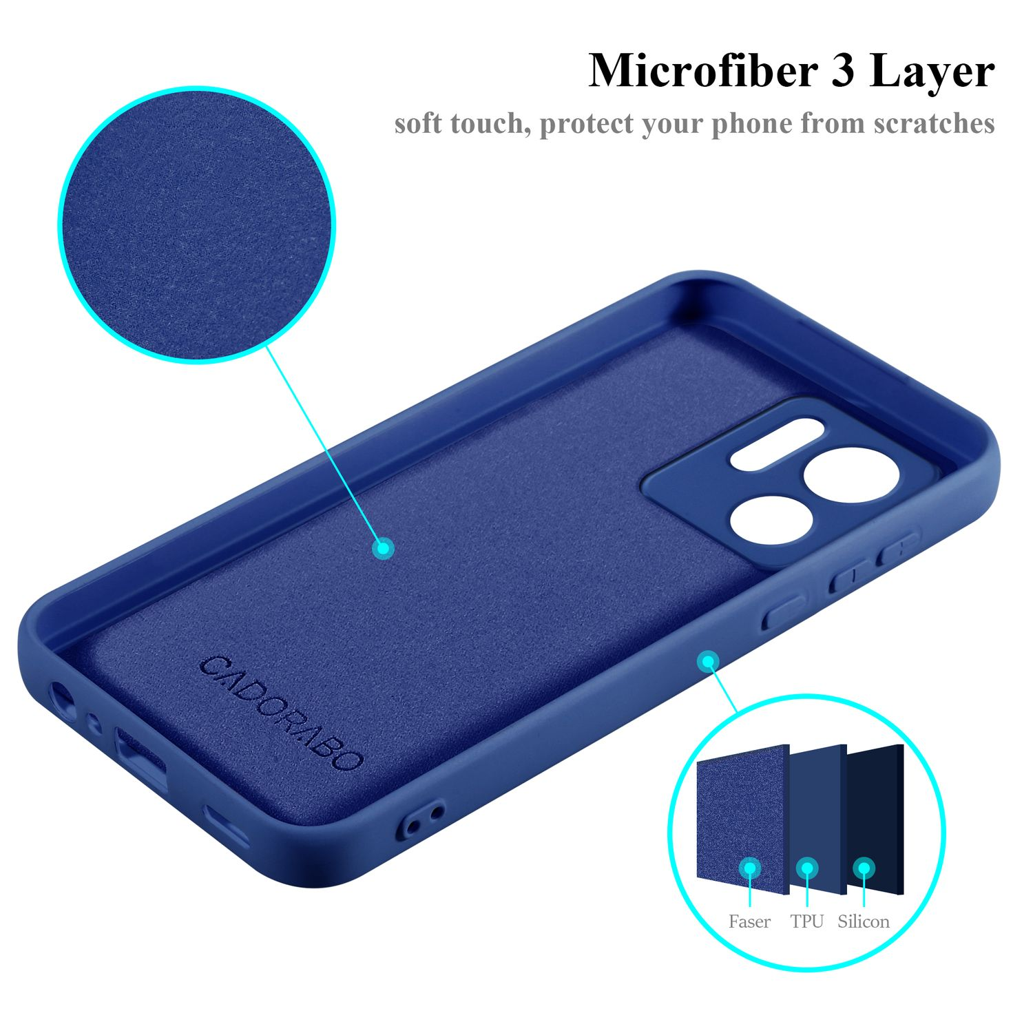 Interno custodia blu navy, che mostra tre strati e testo.