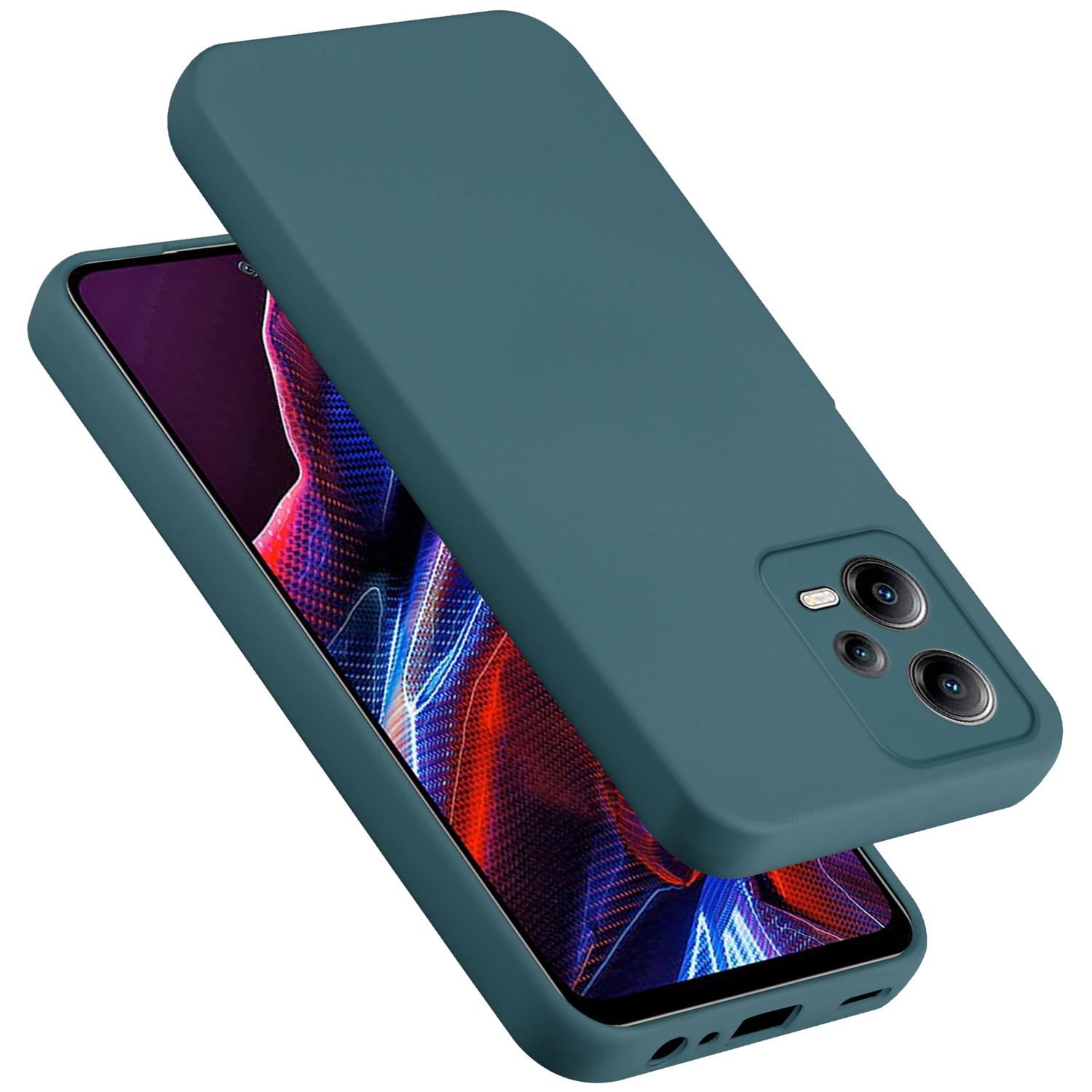 Una custodia per telefono verde acqua con un telefono. Il telefono è a sinistra con la cover aperta, mostrando lo schermo.