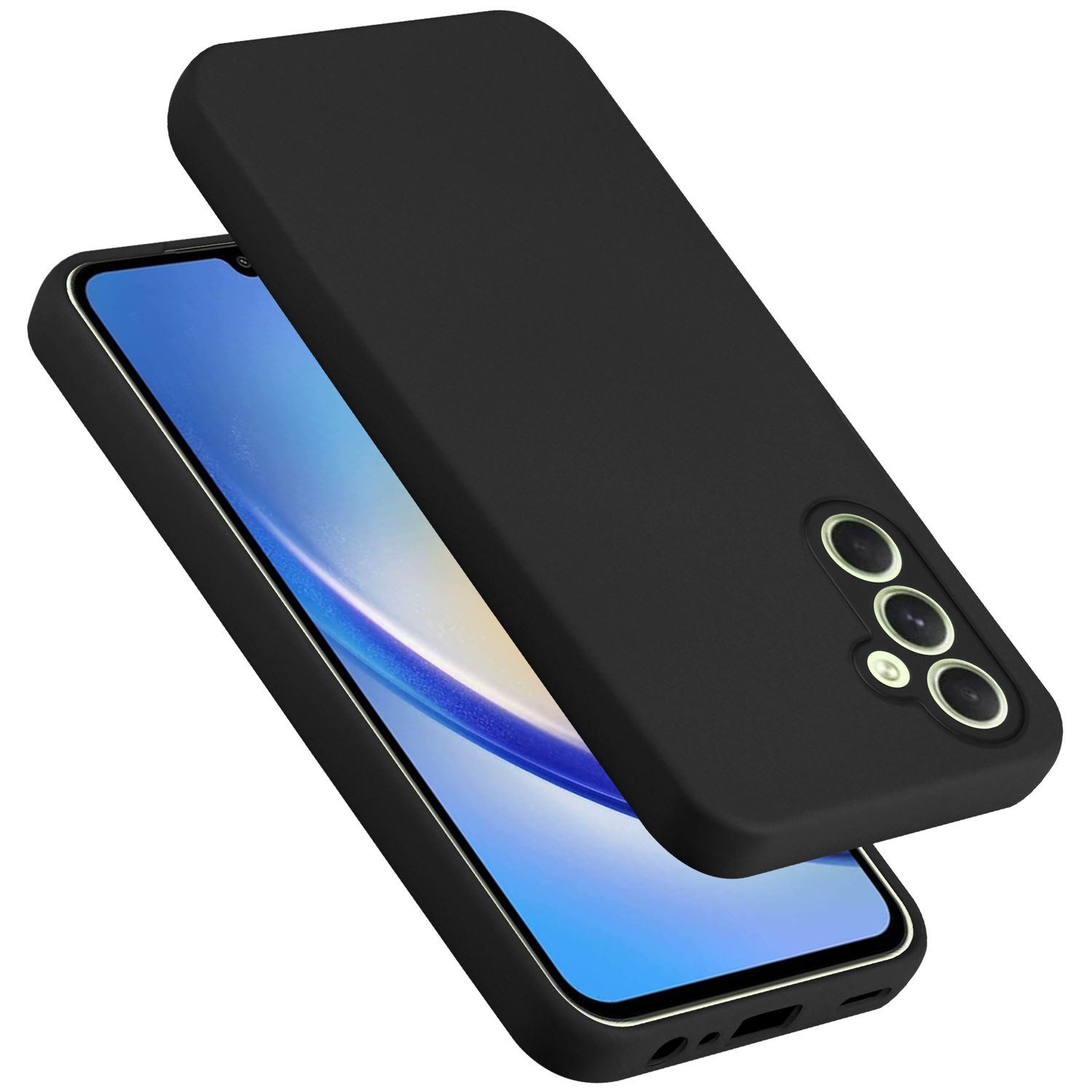 Eine schwarze Handyhülle und ein Handy mit blauem Bildschirm.