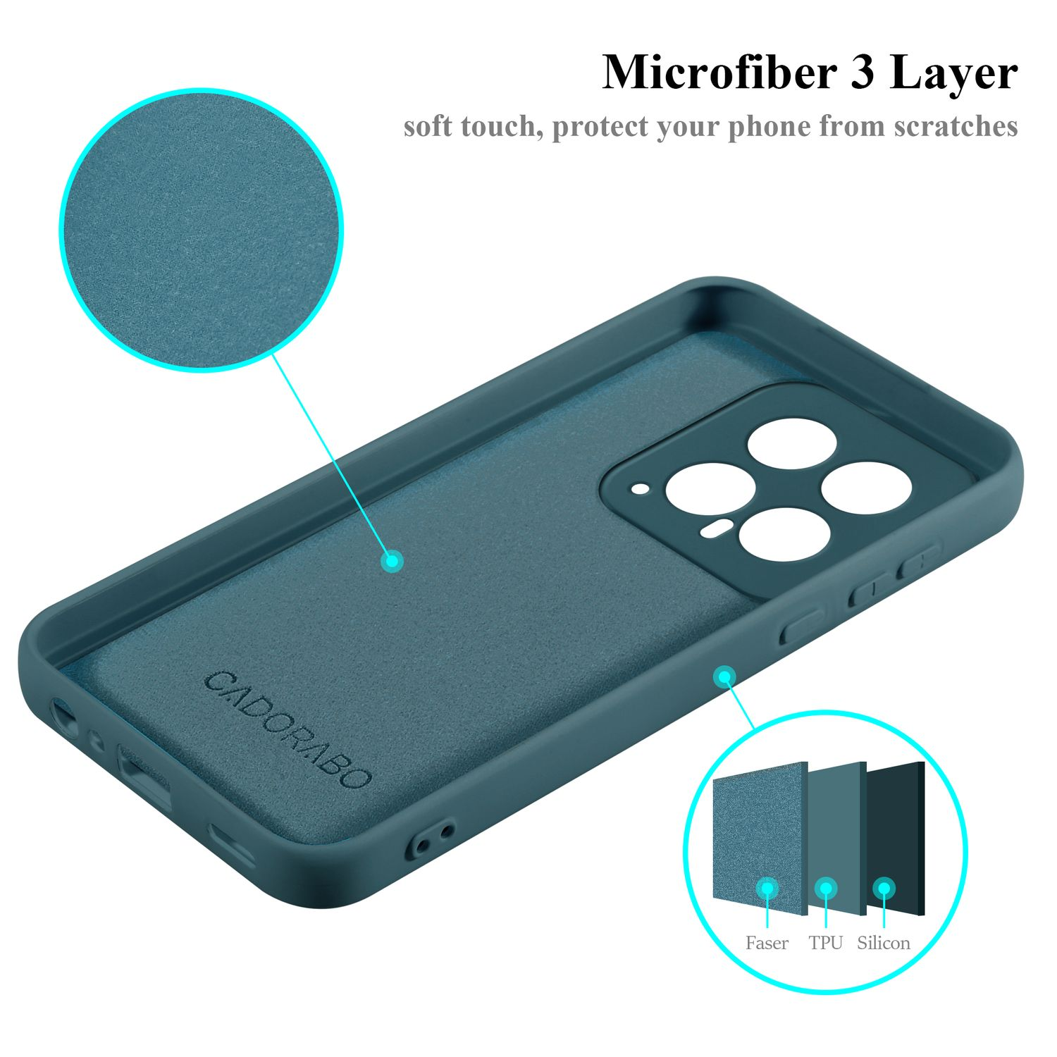 Türkisfarbene Handyhülle innen. Mikrofaser 3 Schichten. Text: Soft-Touch, Schutz vor Kratzern. Hülle für Telefon mit Kamera.