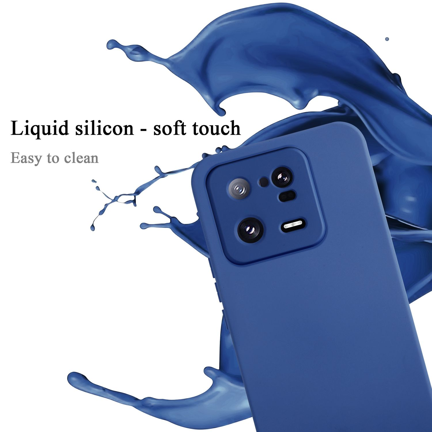 Custodia blu con schizzo di vernice blu. Testo: 'Silicone liquido - tocco morbido'.