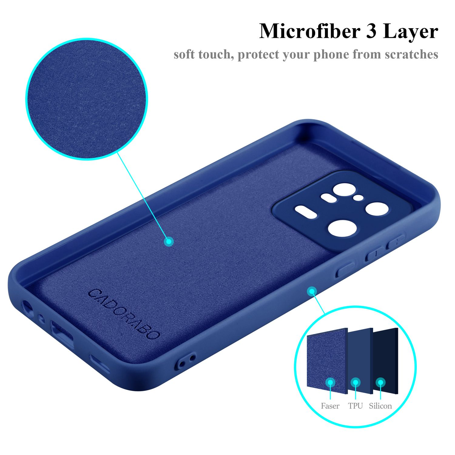 Custodia blu per telefono con ritagli per fotocamera. Strato in microfibra blu navy visibile. Sfondo bianco.
