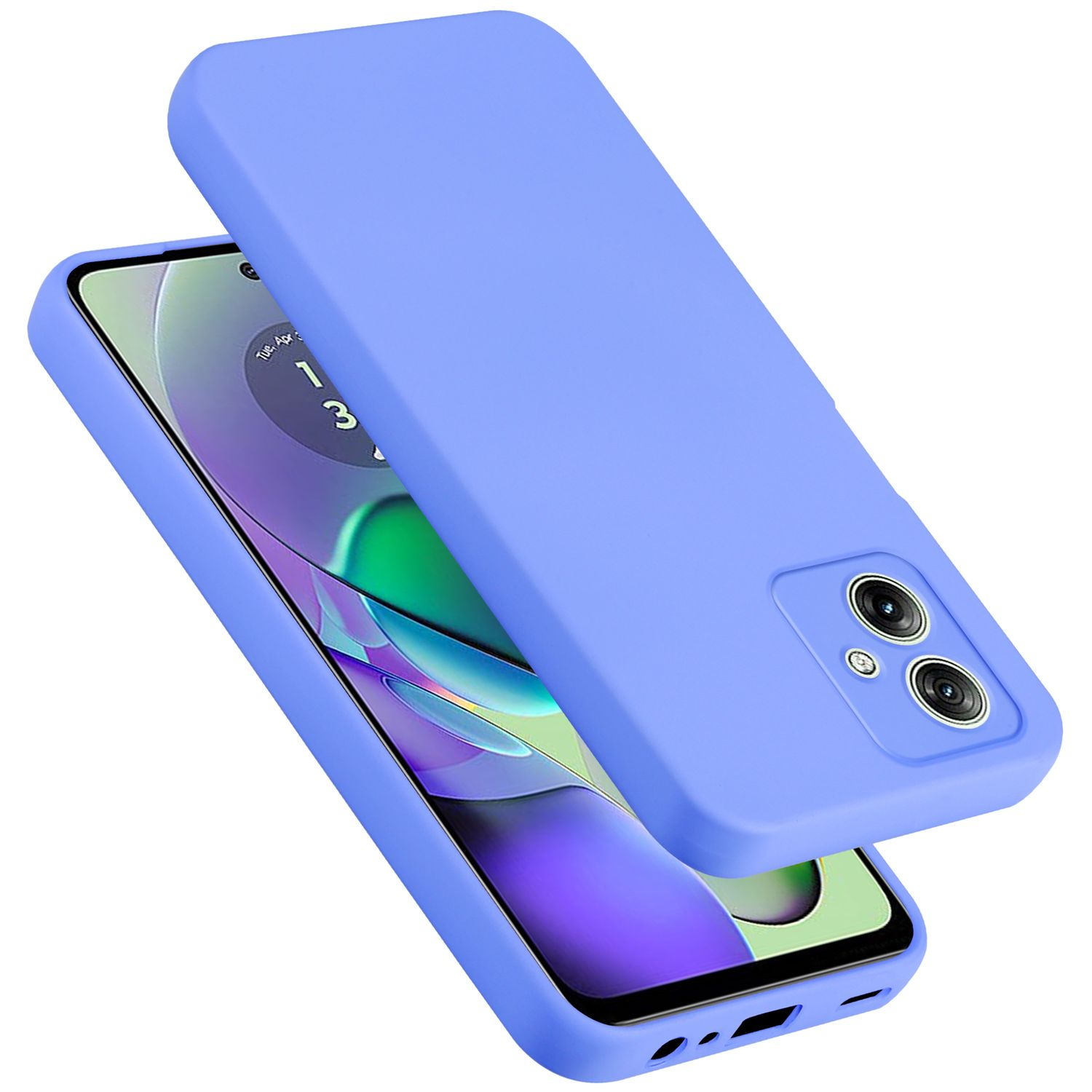 Una custodia lilla per telefono con il telefono all'interno. Il telefono ha uno schermo e due fotocamere.