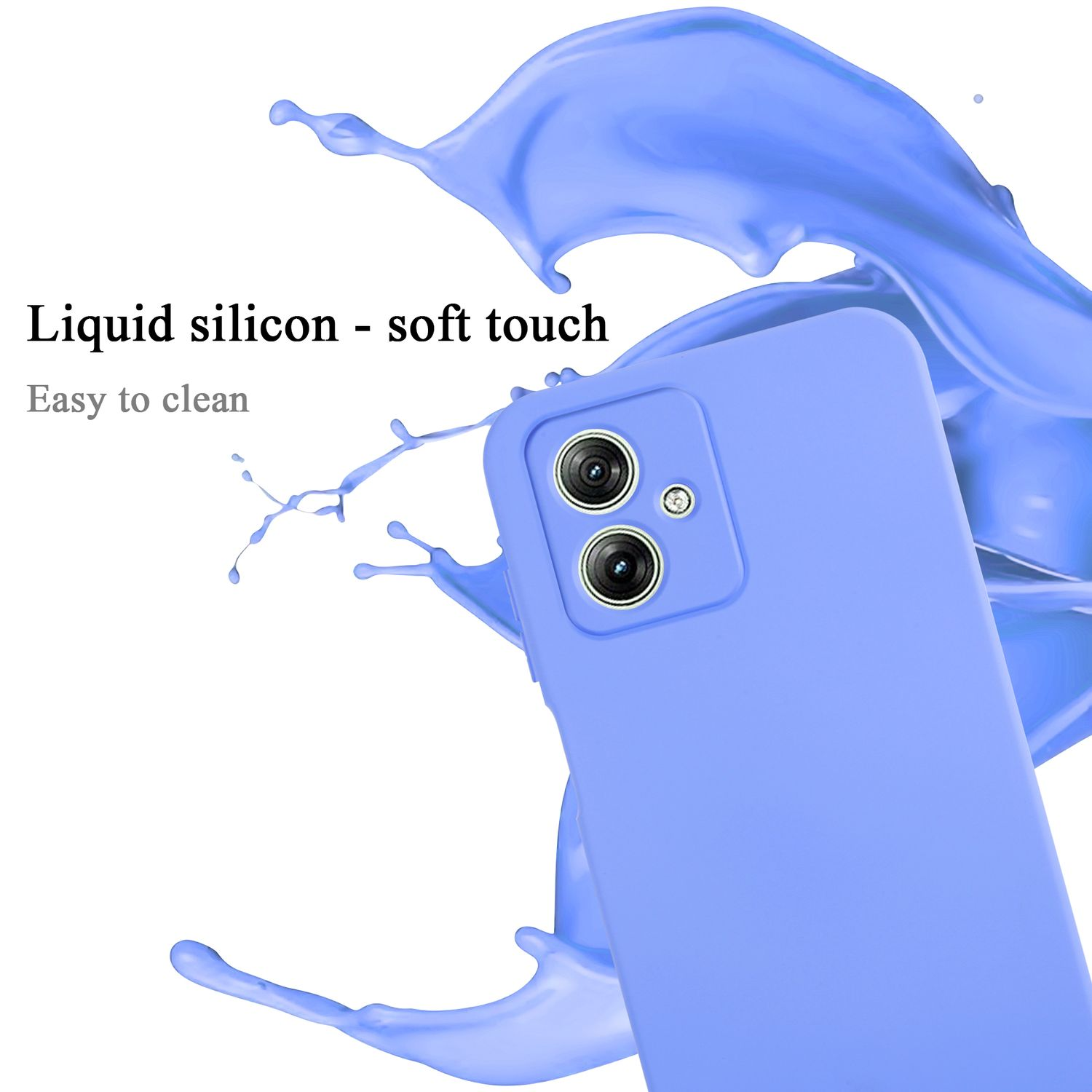 Una custodia blu con silicone liquido, tocco morbido ed etichetta facile da pulire.