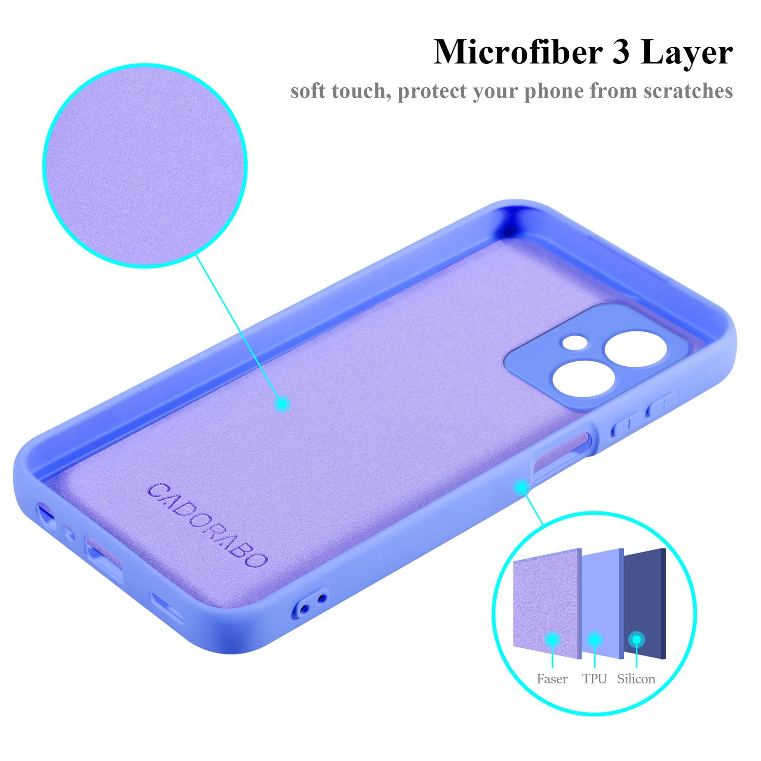 Una custodia per telefono che mostra un design a strati. Interno viola, esterno blu con ritagli e un diagramma.