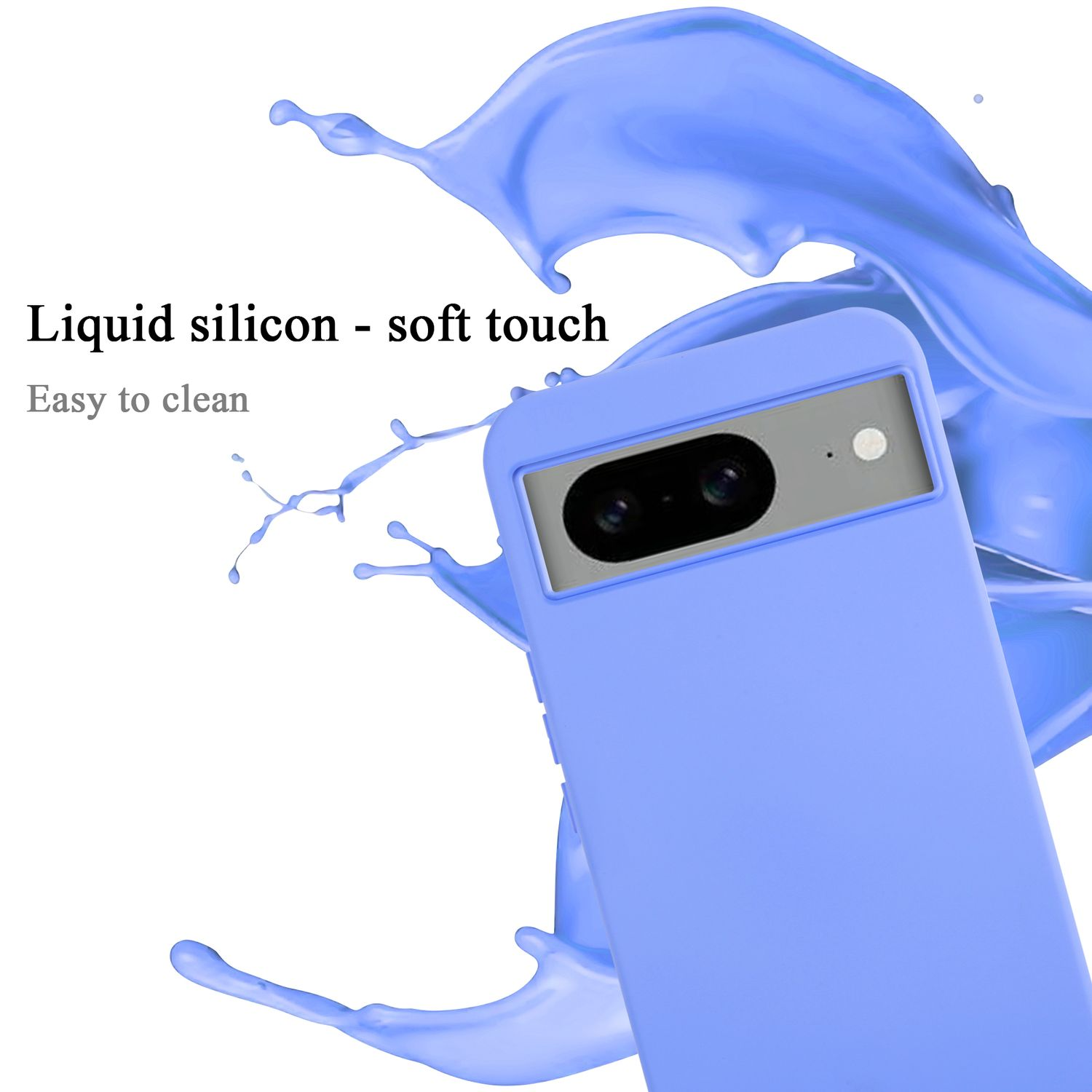 Blaue Handyhülle mit Telefon. Blauer Flüssigkeitsspritzer um das Telefon. Text sagt Soft-Touch.