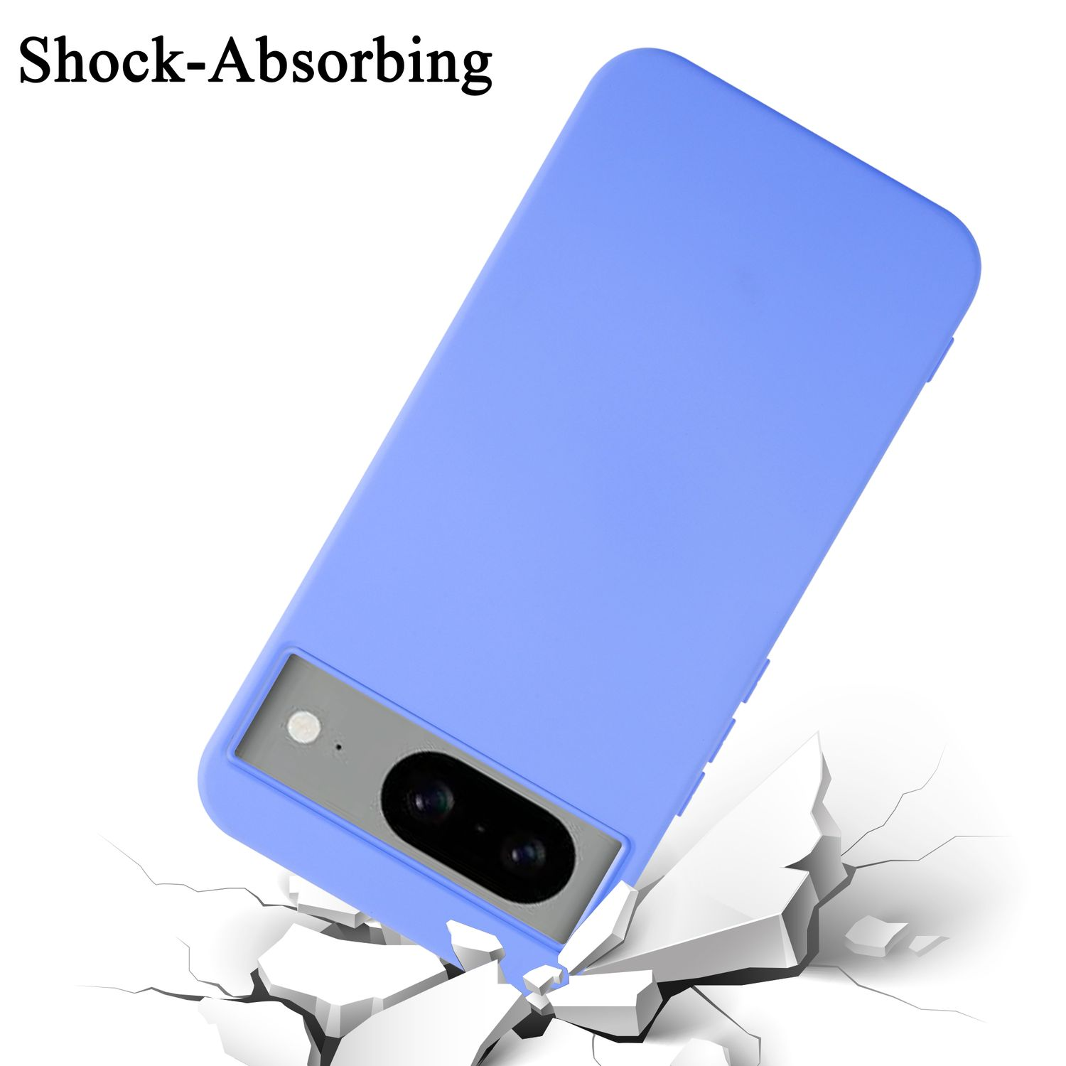 Eine blaue Handyhülle auf zerbrochenen weißen Blöcken. Die Handyhülle hat eine Kamera und ein stoßdämpfendes Design.