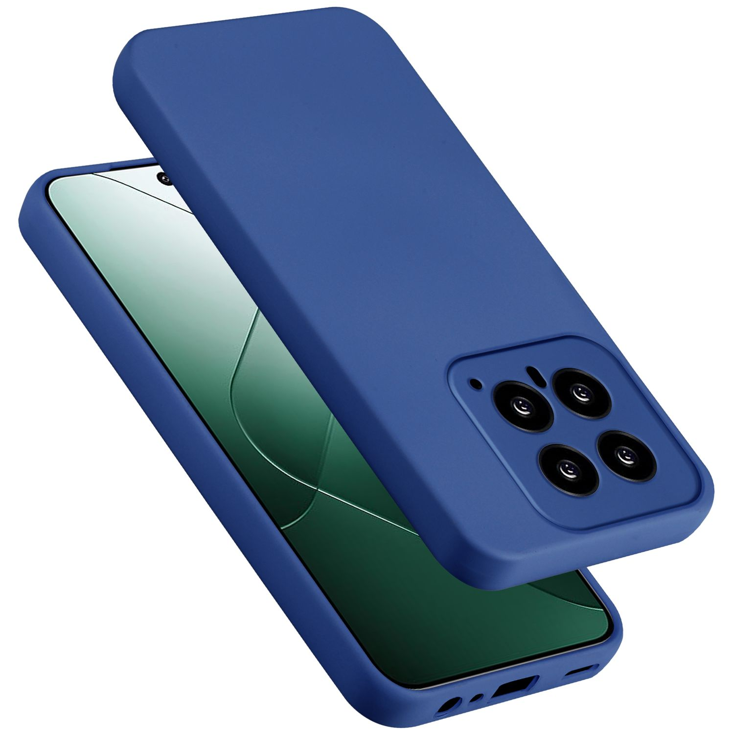 Custodia blu con telefono. Il telefono mostra uno schermo verde.