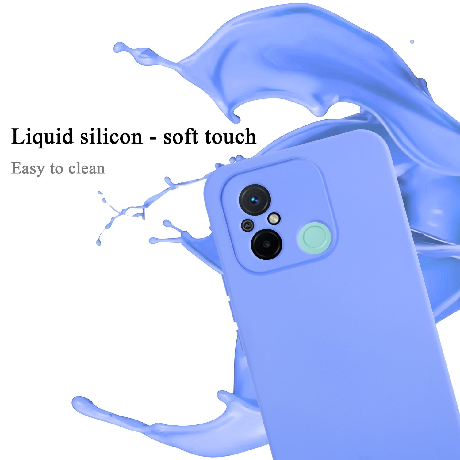 Custodia per telefono azzurra, effetto splash. Due obiettivi e un pulsante verde sono visibili.