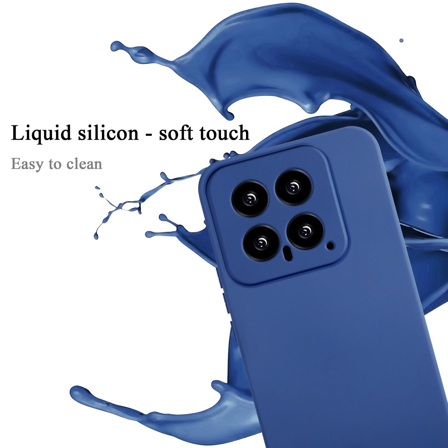 Custodia blu con quattro obiettivi. Schizzo di liquido blu sullo sfondo. Testo: Silicone liquido - soft touch, facile da pulire.