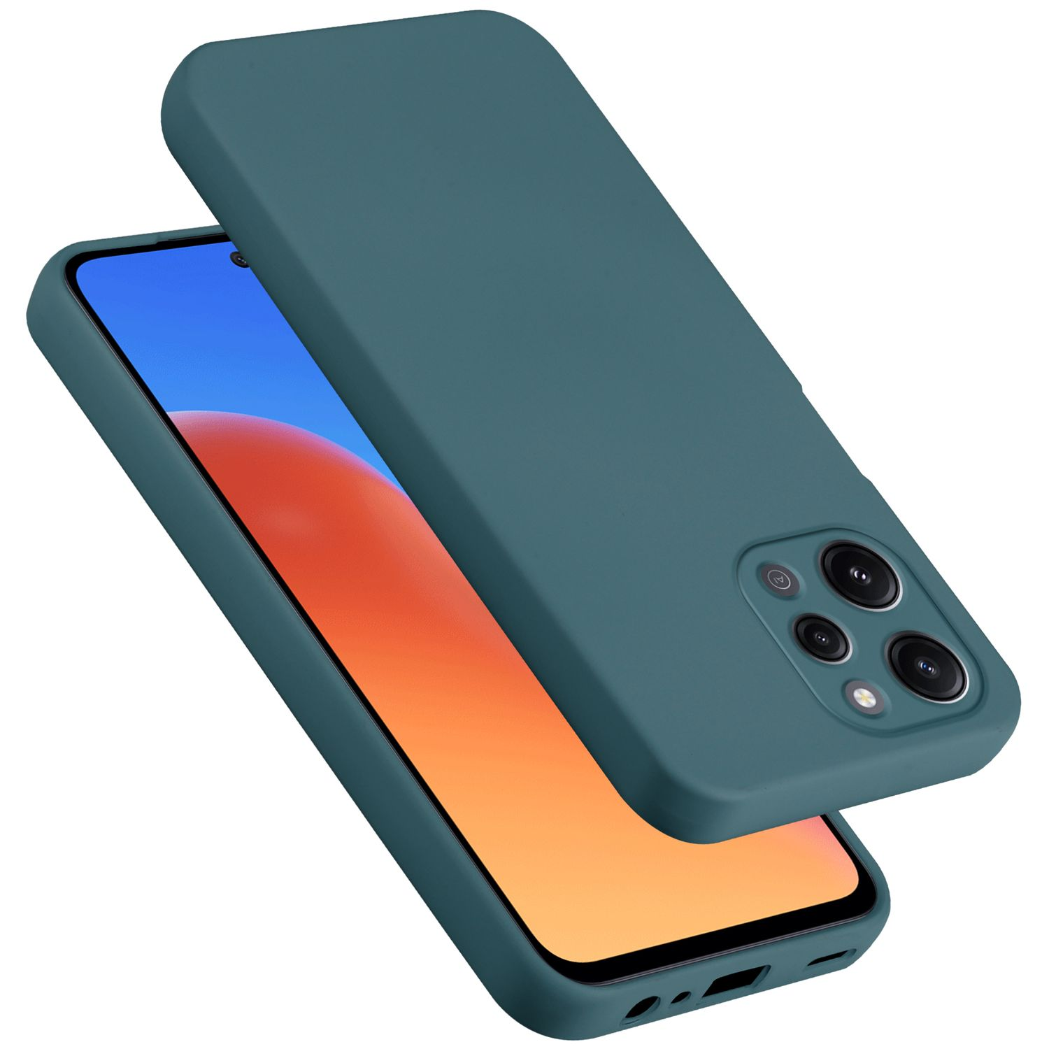 Due custodie per telefono, una sopra un telefono. La custodia è color verde acqua.