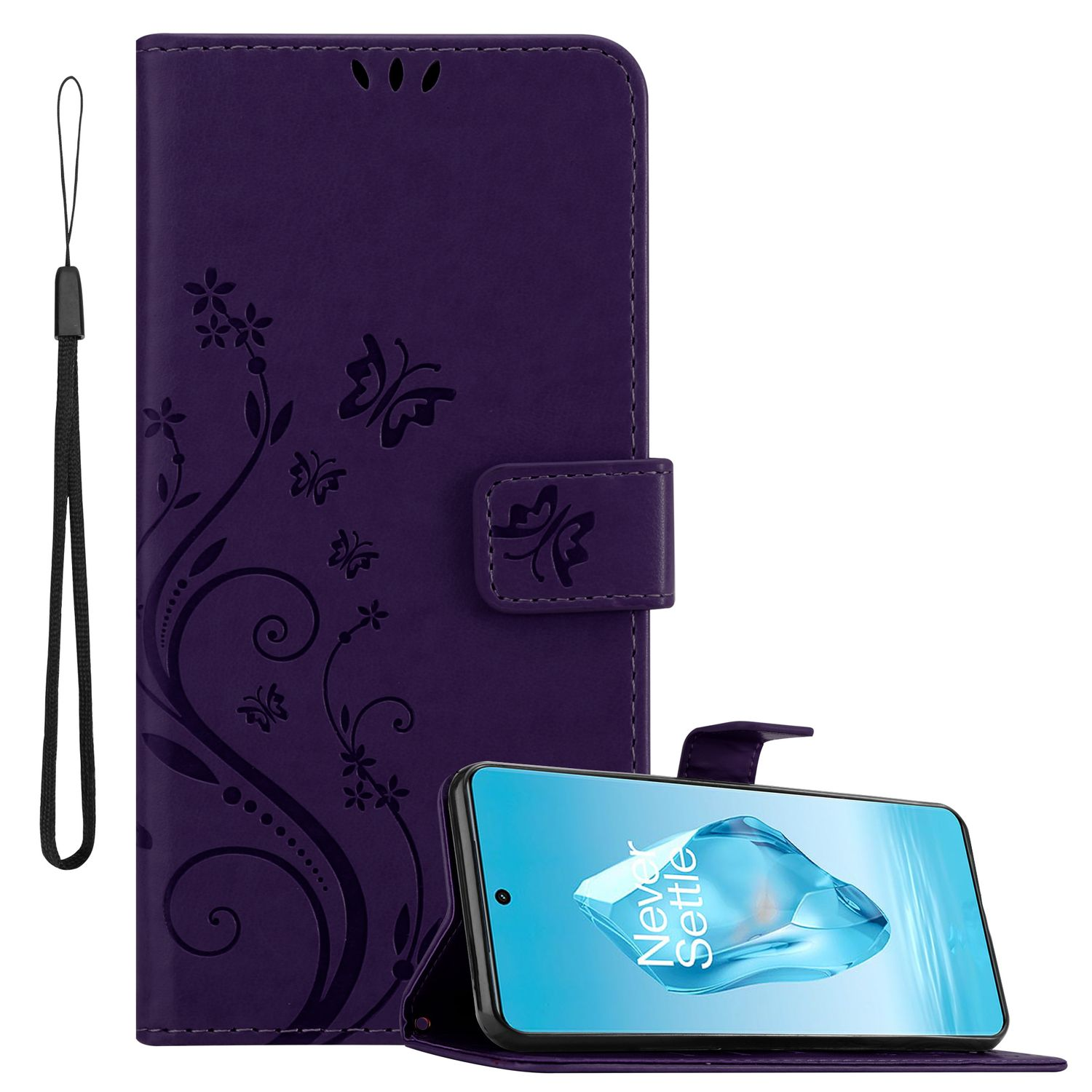Custodia per telefono viola con telefono. Sfondo bianco.