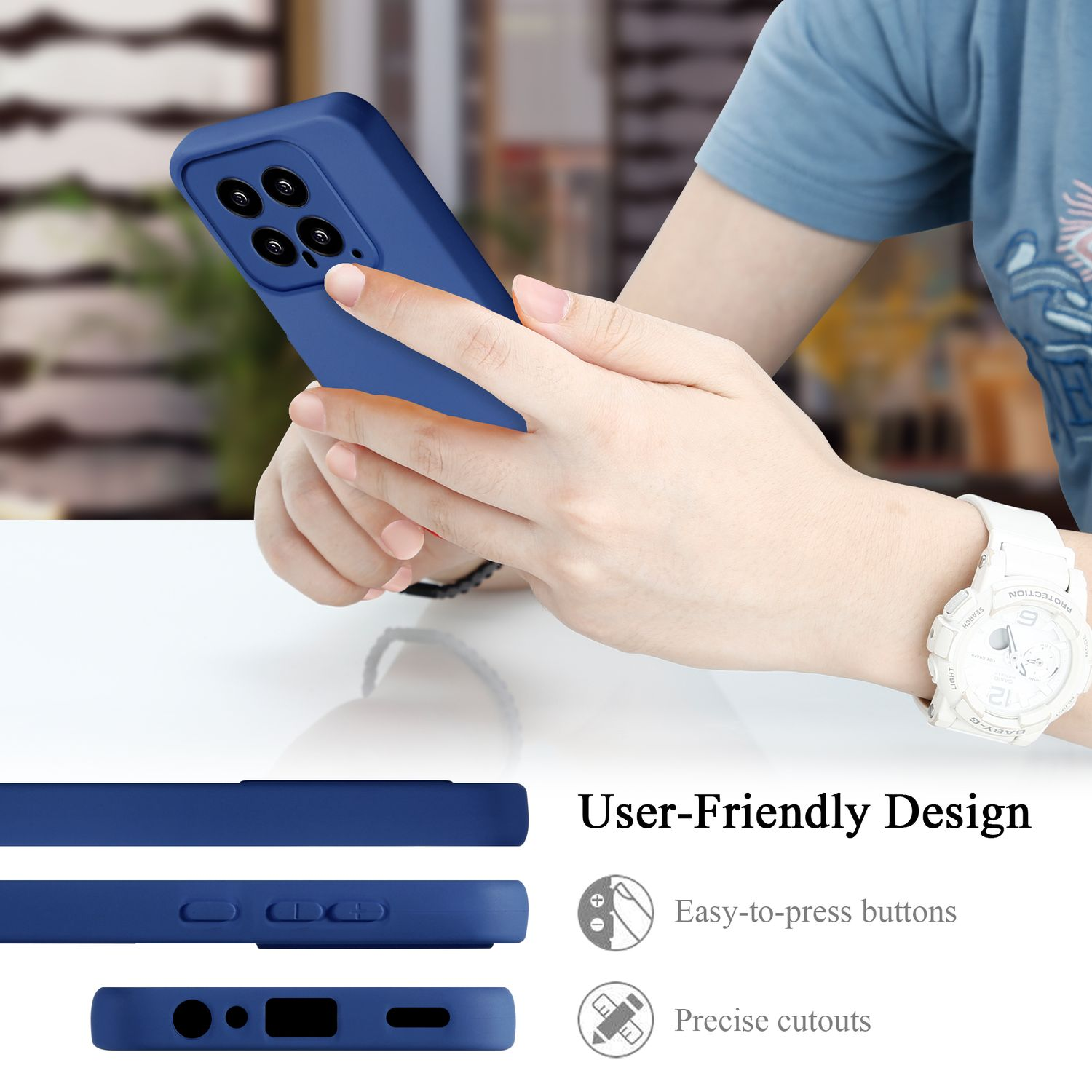Una persona che tiene un telefono blu in una custodia blu, mostrando le funzionalità di design user-friendly.