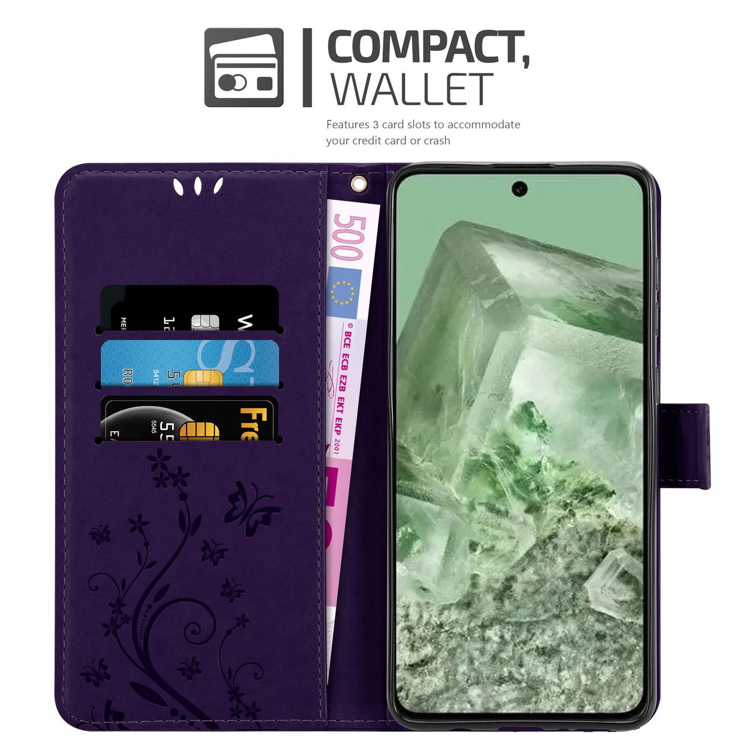 Una custodia per telefono a portafoglio viola, con fessure per carte, denaro e uno schermo del telefono.