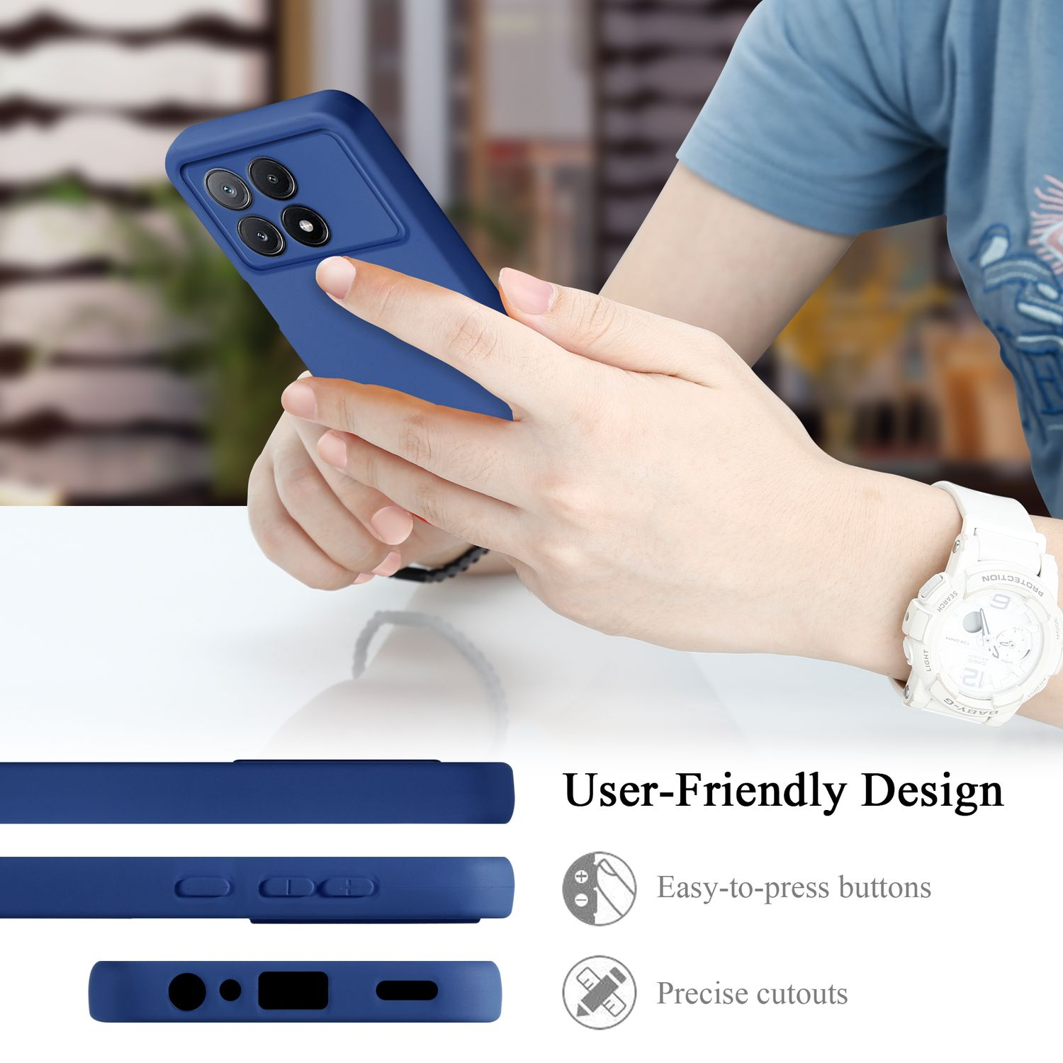 Una persona che tiene un telefono blu. Tre ritagli sono visibili sulla custodia.