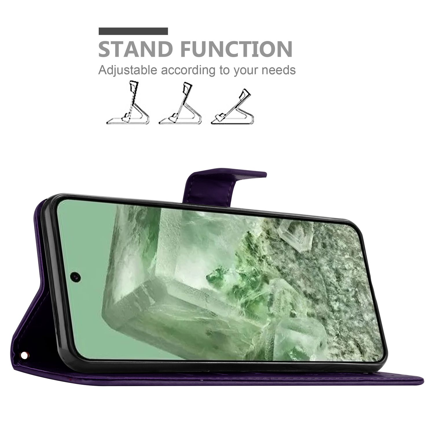 Custodia viola per telefono con schermo che mostra una texture di pietra. Con funzione stand con diverse posizioni.