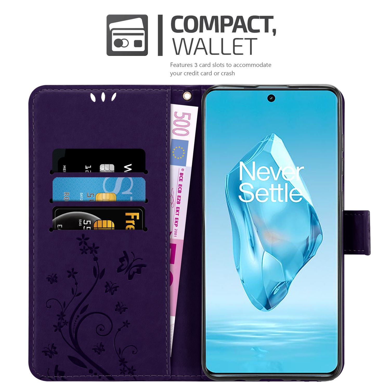 Custodia a portafoglio viola con scomparti per carte, denaro e un telefono.