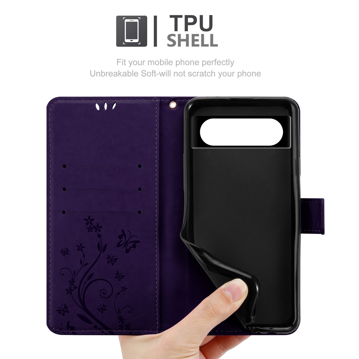 Custodia per telefono viola con un telefono nero all'interno. Mano che tiene aperta la custodia. Testo: TPU SHELL, Adatta perfettamente il tuo cellulare.