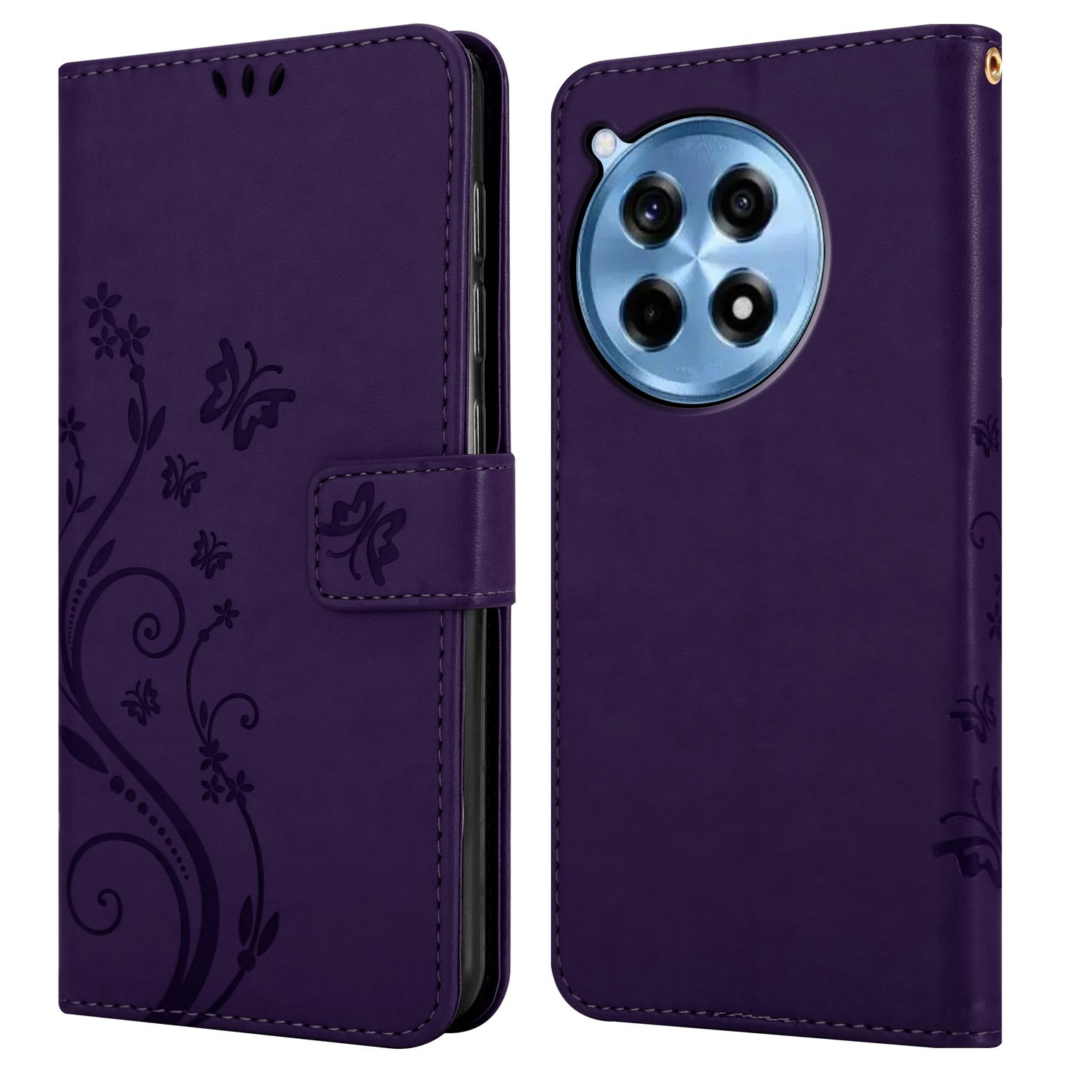Custodia per telefono viola, aperta. Il telefono è visibile. La custodia ha disegni floreali. È una custodia a portafoglio.