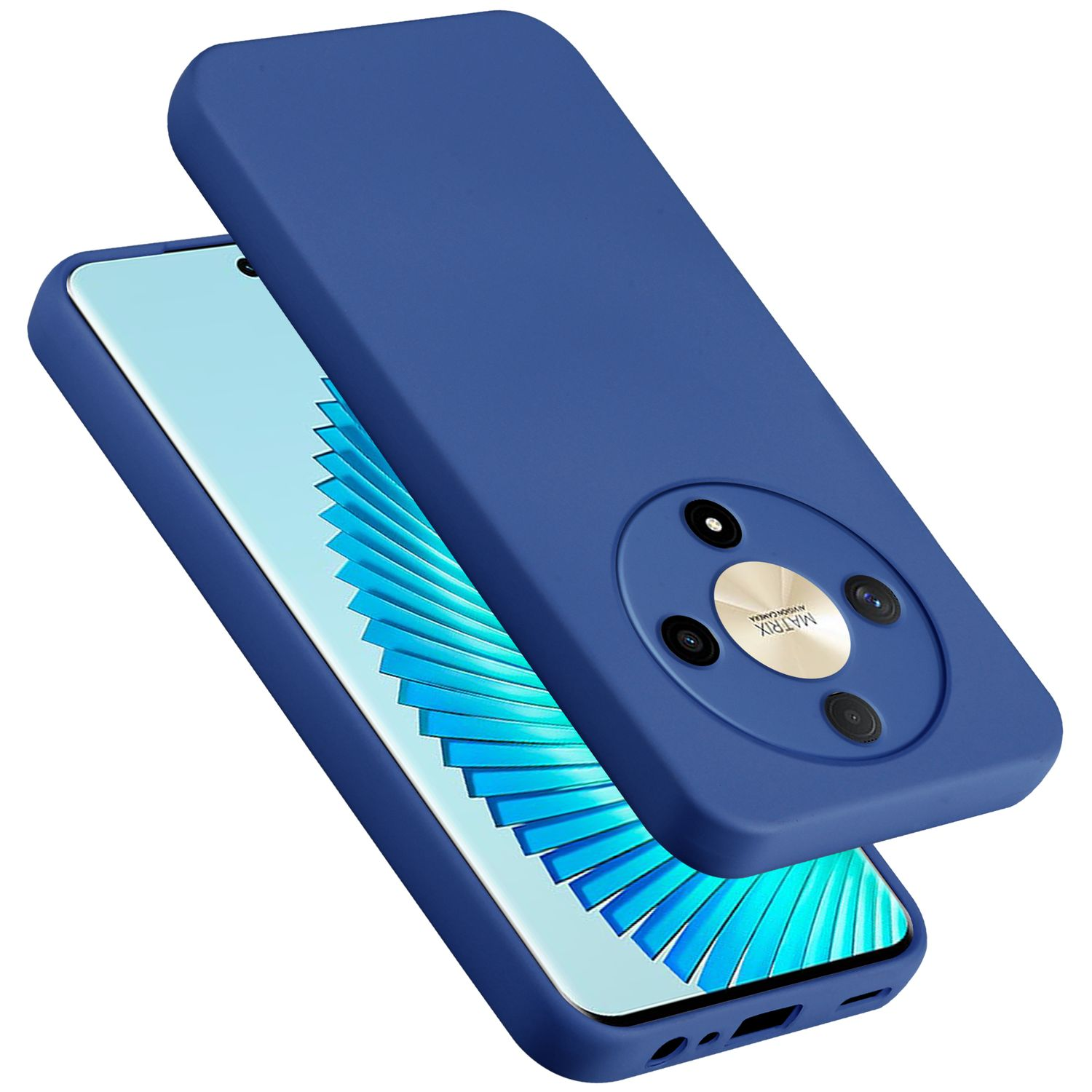 Custodia blu per telefono sopra un telefono. Sfondo bianco.