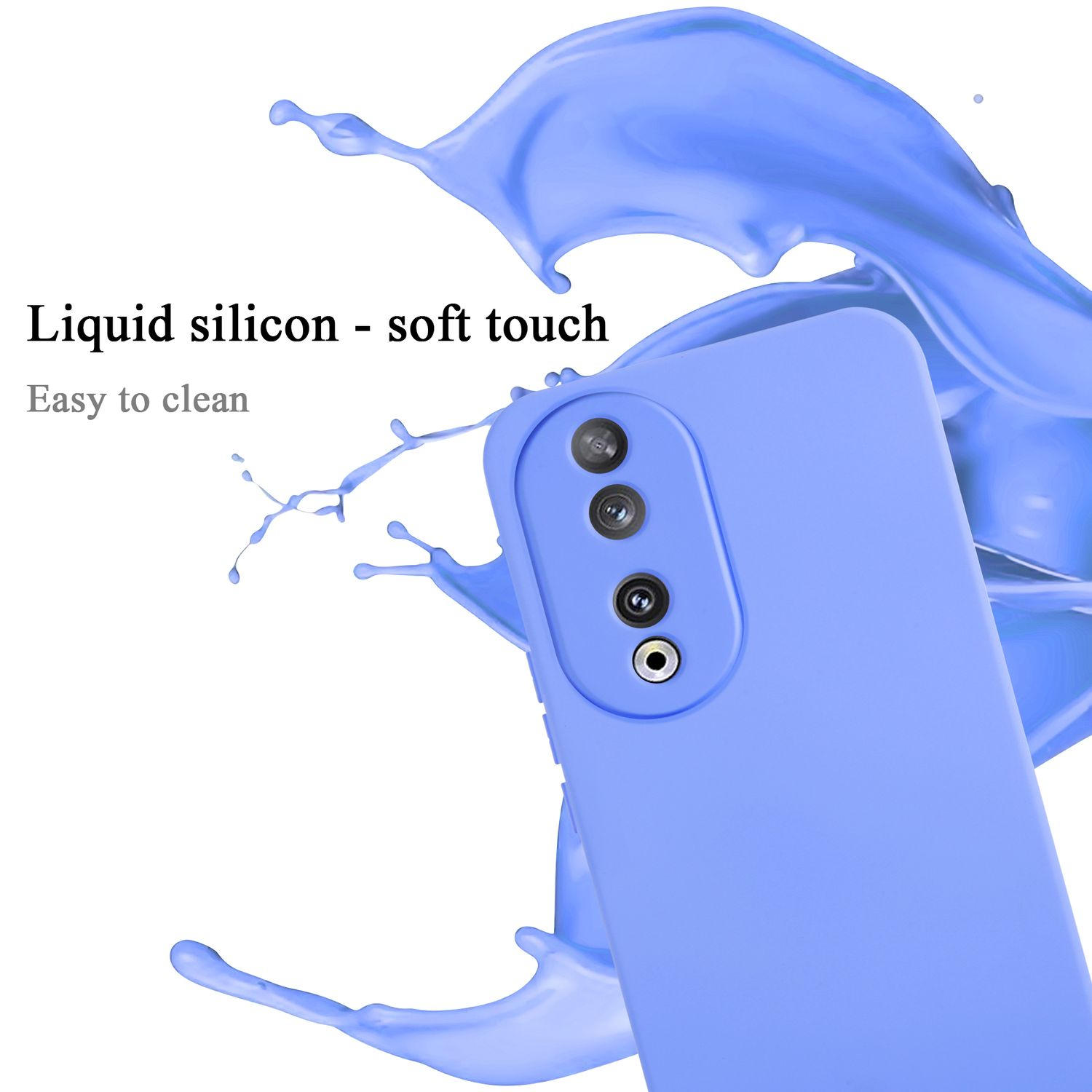 Una custodia per telefono azzurra è visibile con testo in silicone liquido e un'esplosione azzurra. Un telefono è nella custodia.