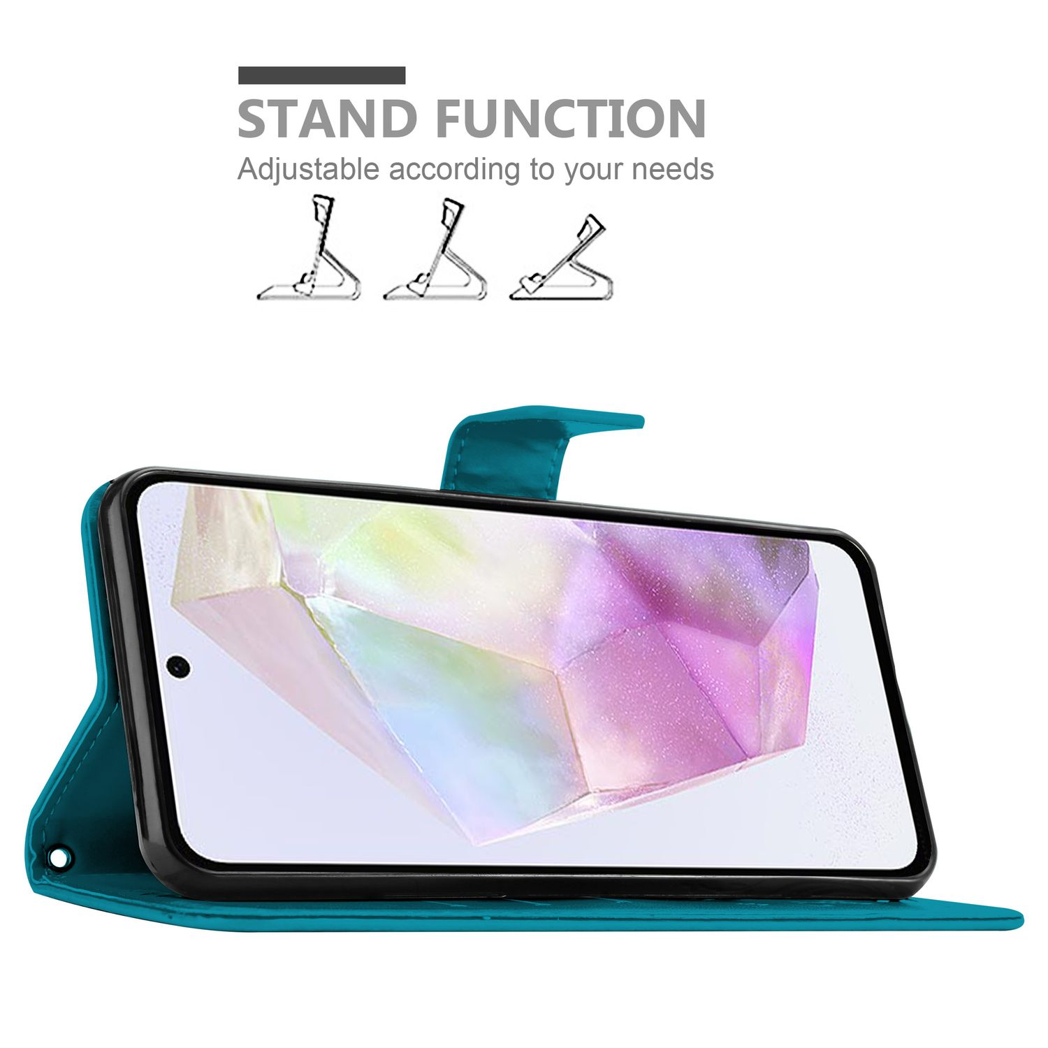 Un telefono all'interno di una custodia verde acqua. Testo: Funzione supporto. Tre opzioni di supporto sullo sfondo.