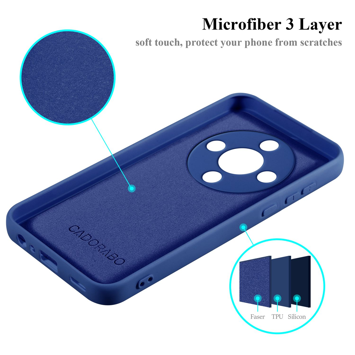 Interno di una custodia blu per telefono, con fodera in microfibra blu. Testo: Microfibra 3 strati. Tocco morbido, proteggi il tuo telefono.