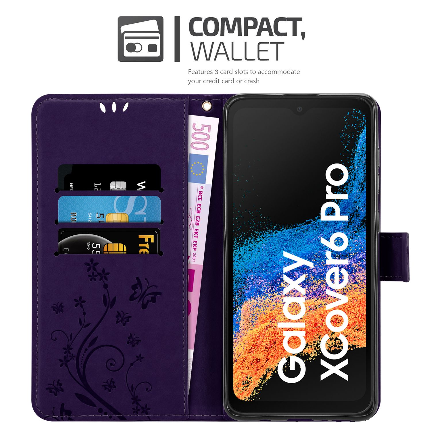 Portafoglio per custodia del telefono viola con telefono all'interno, denaro e carte. Ha fessure per carte e un design a farfalla.