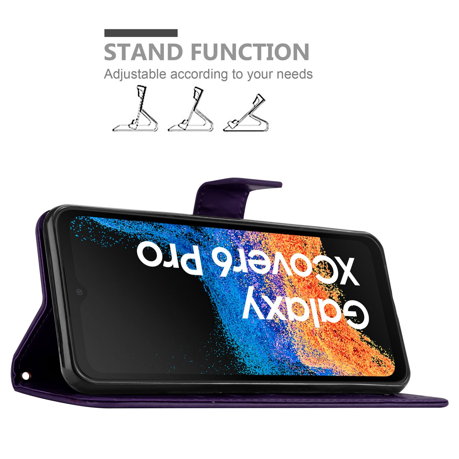 Custodia per telefono con telefono all'interno, mostra funzione stand e schermo.