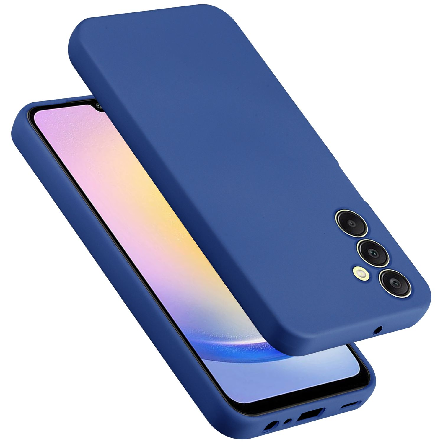 Un telefono blu con una custodia blu. Il telefono è sopra la custodia, inclinato a sinistra.