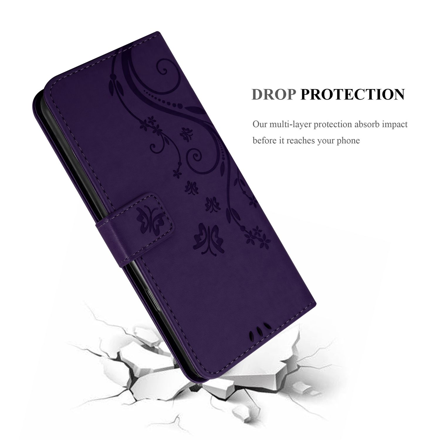 Custodia viola per telefono, aperta, design floreale, protezione caduta.