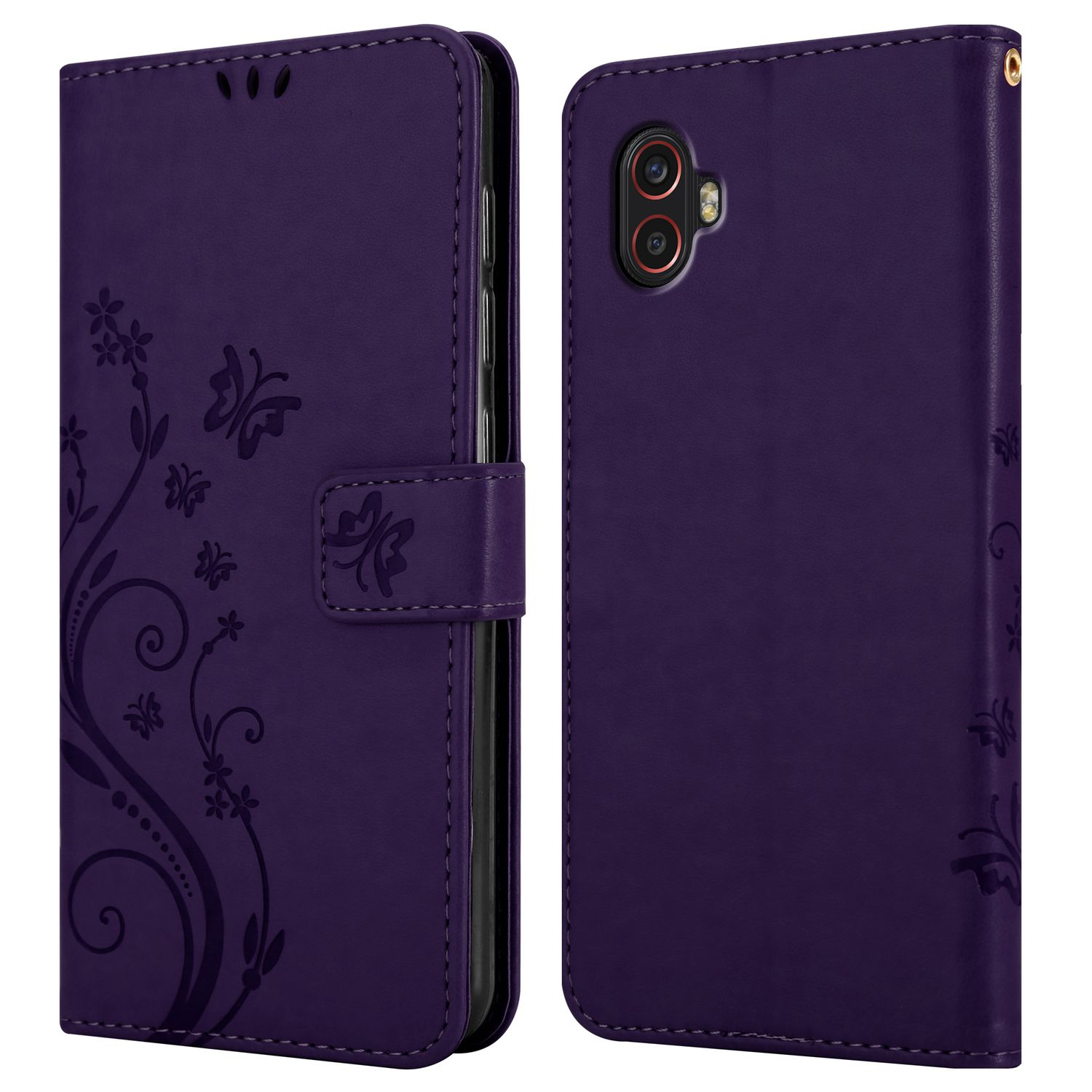 Custodia viola per telefono, design floreale, con chiusura. Il telefono è dentro, a destra.
