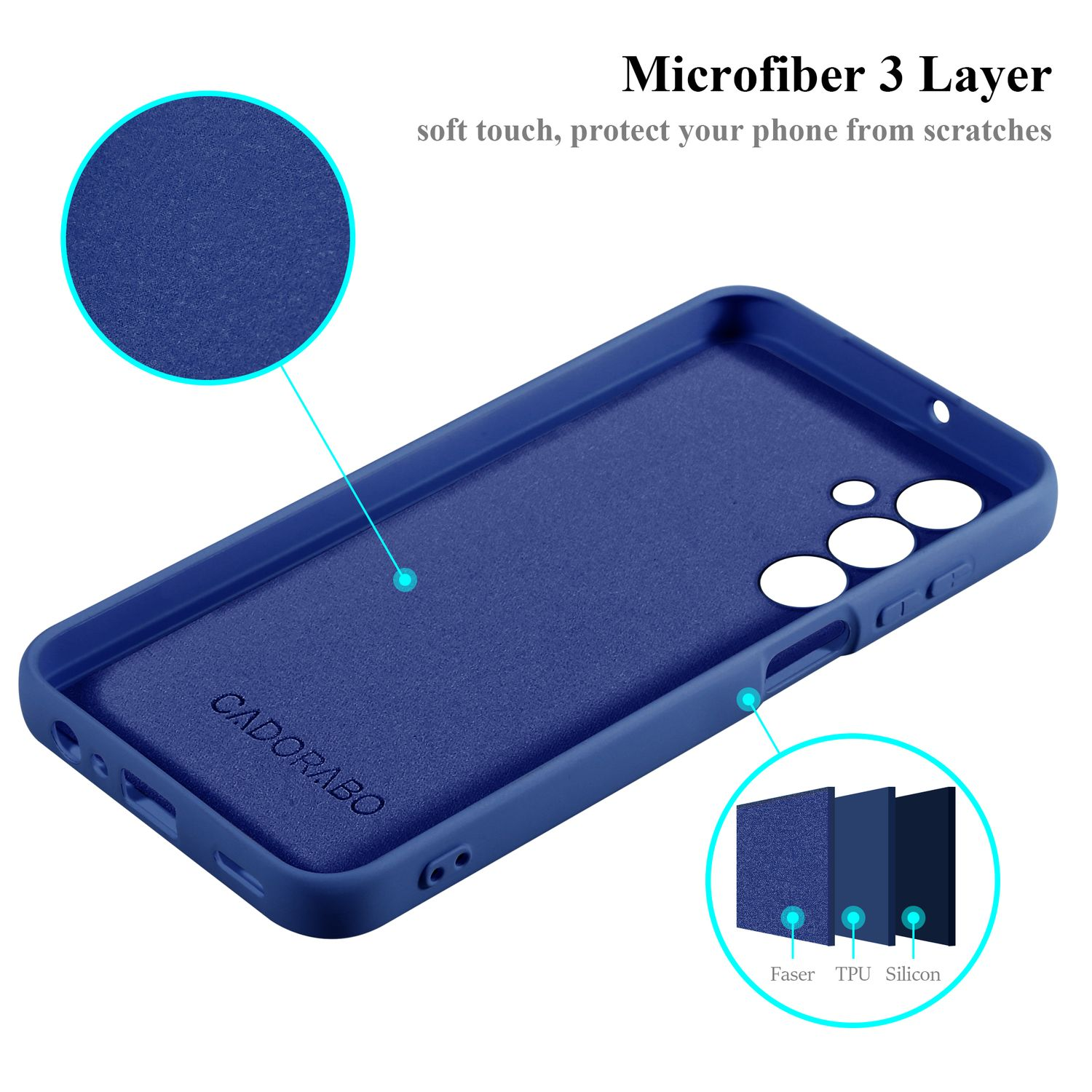Interno della custodia blu del telefono. La custodia è aperta, mostrando la fodera interna, con testo: Microfibra 3 Strati.