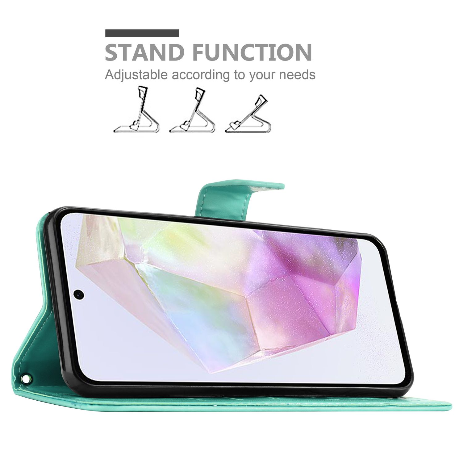 Una custodia per telefono turchese con un telefono che mostra un'immagine colorata. I diagrammi della funzione di supporto sono sopra.