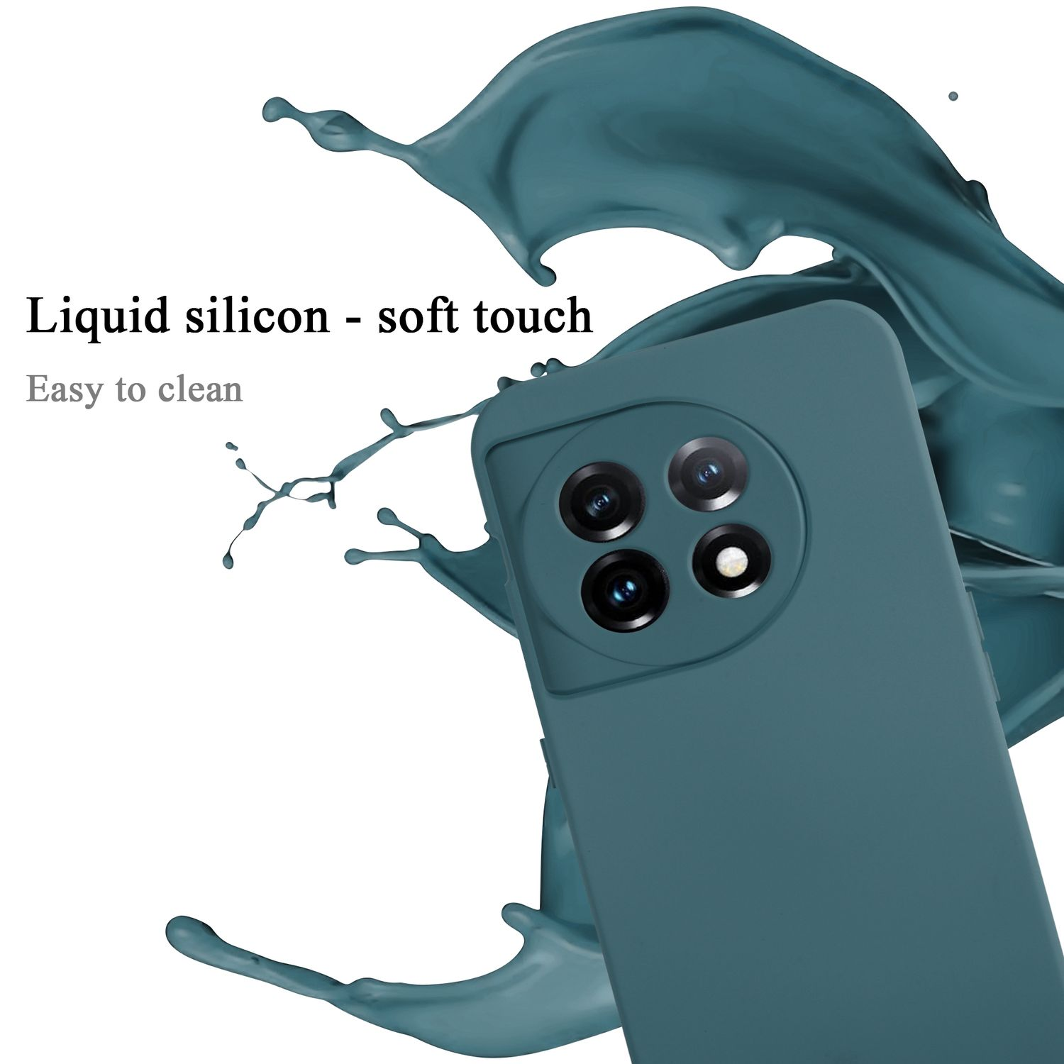 Eine türkis Handyhülle mit einem Telefon und Farbspritzer.