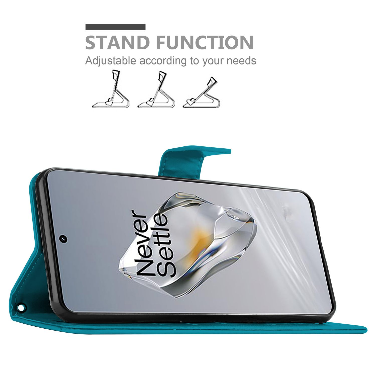 Custodia turchese, aperta con telefono dentro, schermo mostra 'Never Settle'. Funzione supporto mostrata.